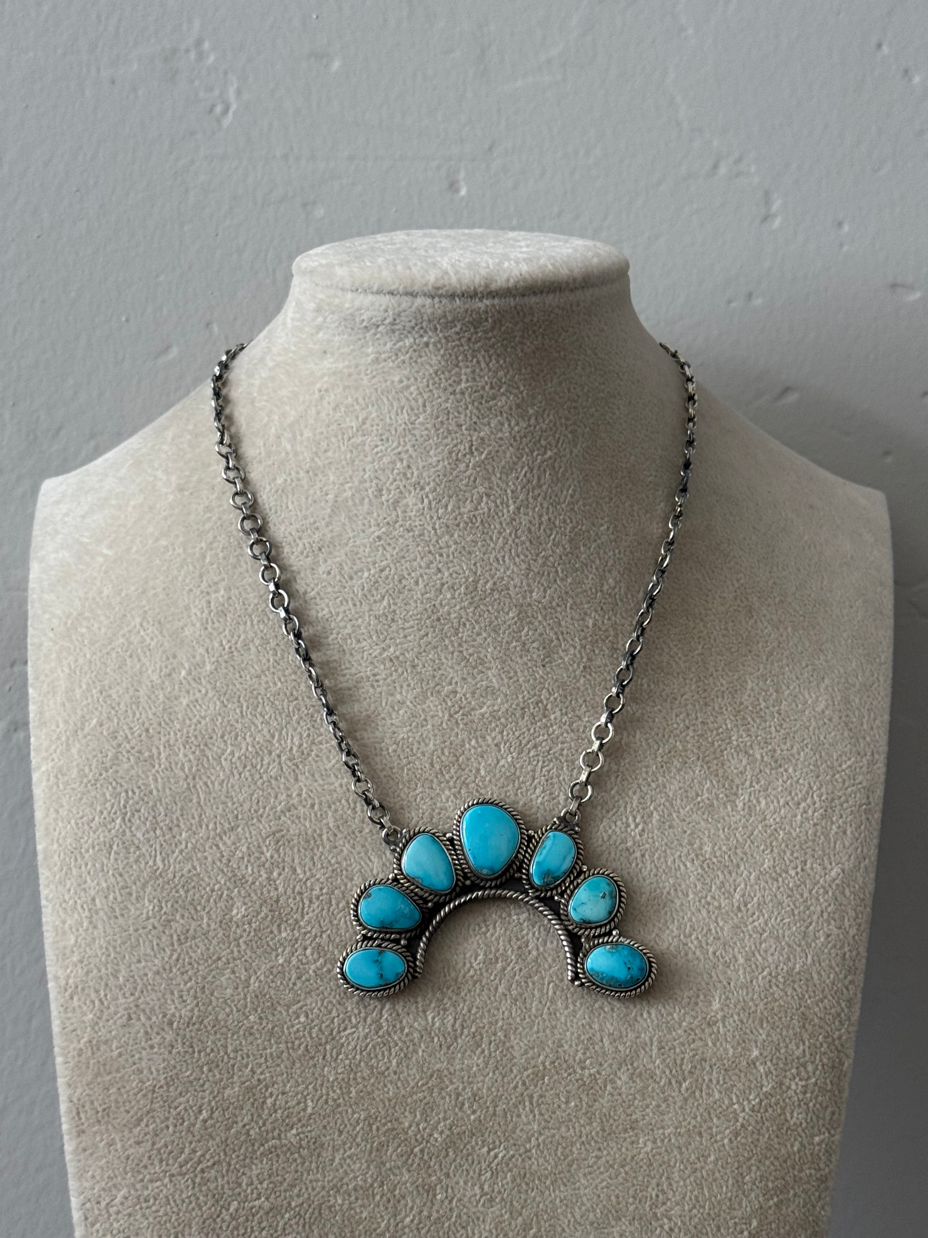 Southwest Valley Blue Turquoise & Sterling Silver Cluster Necklace