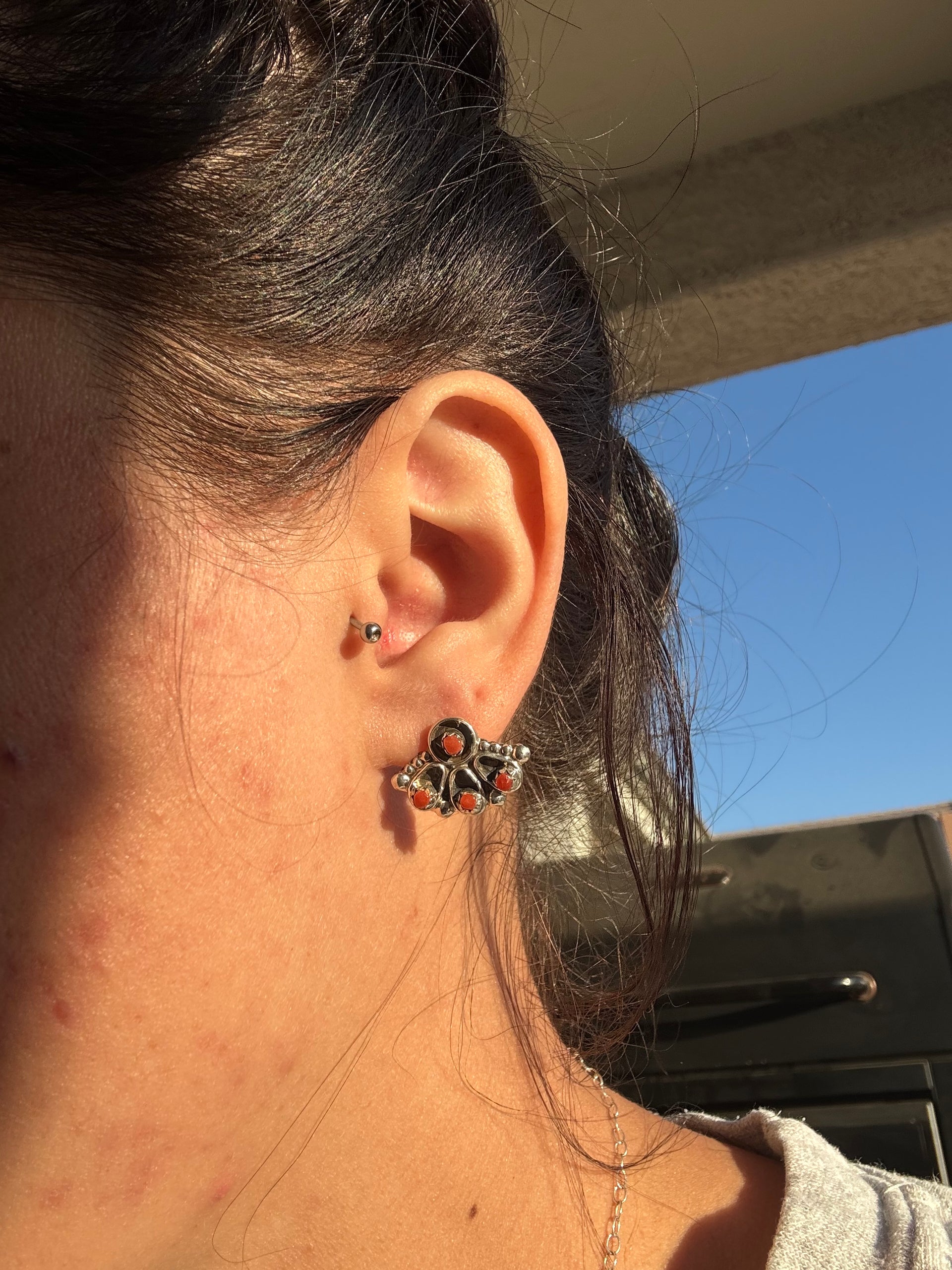 Navajo Made Mediterranean Coral & Sterling Silver Post Earrings