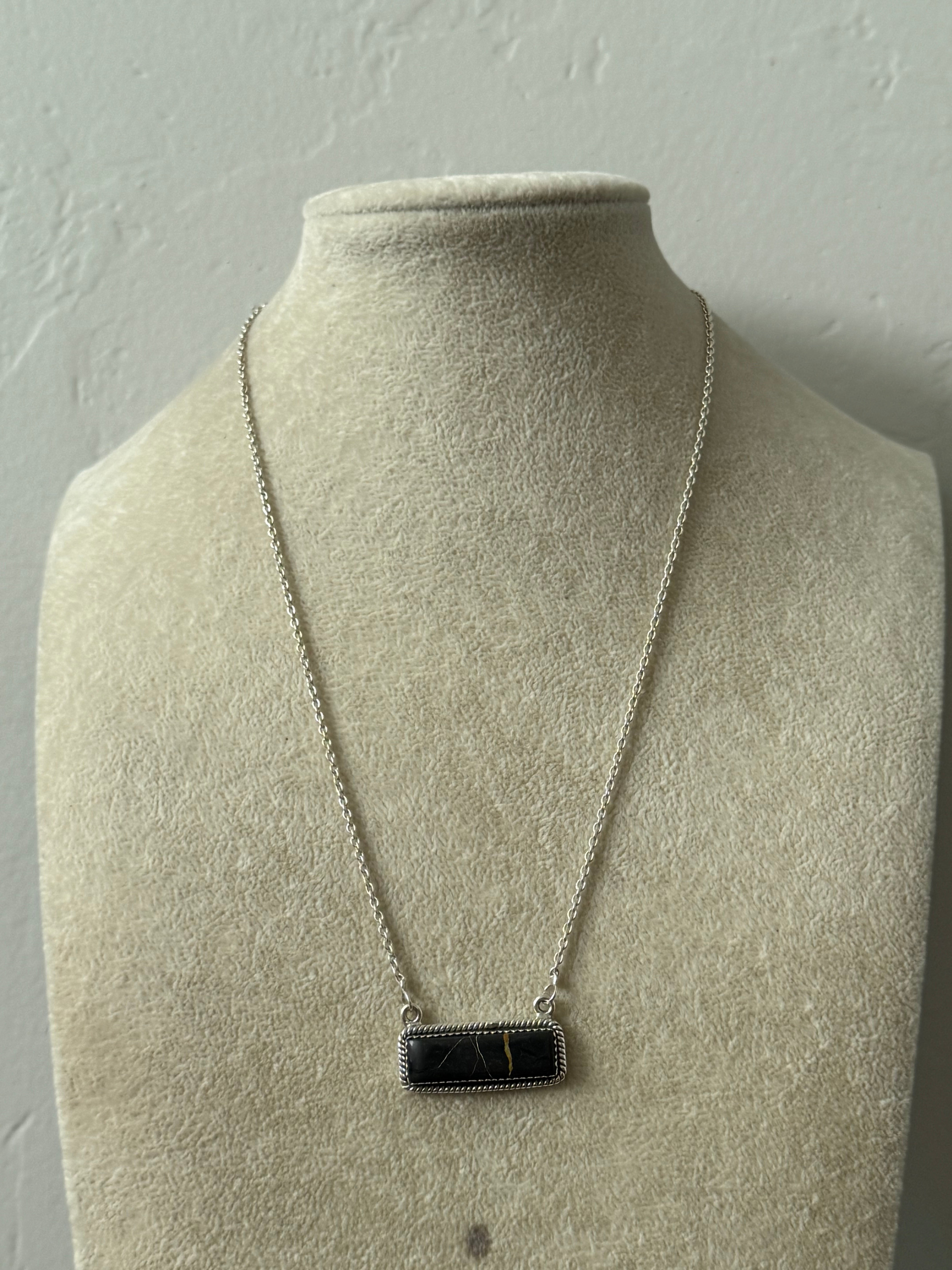 Southwest Handmade Black Jack Turquoise & Sterling Silver Bar Necklace