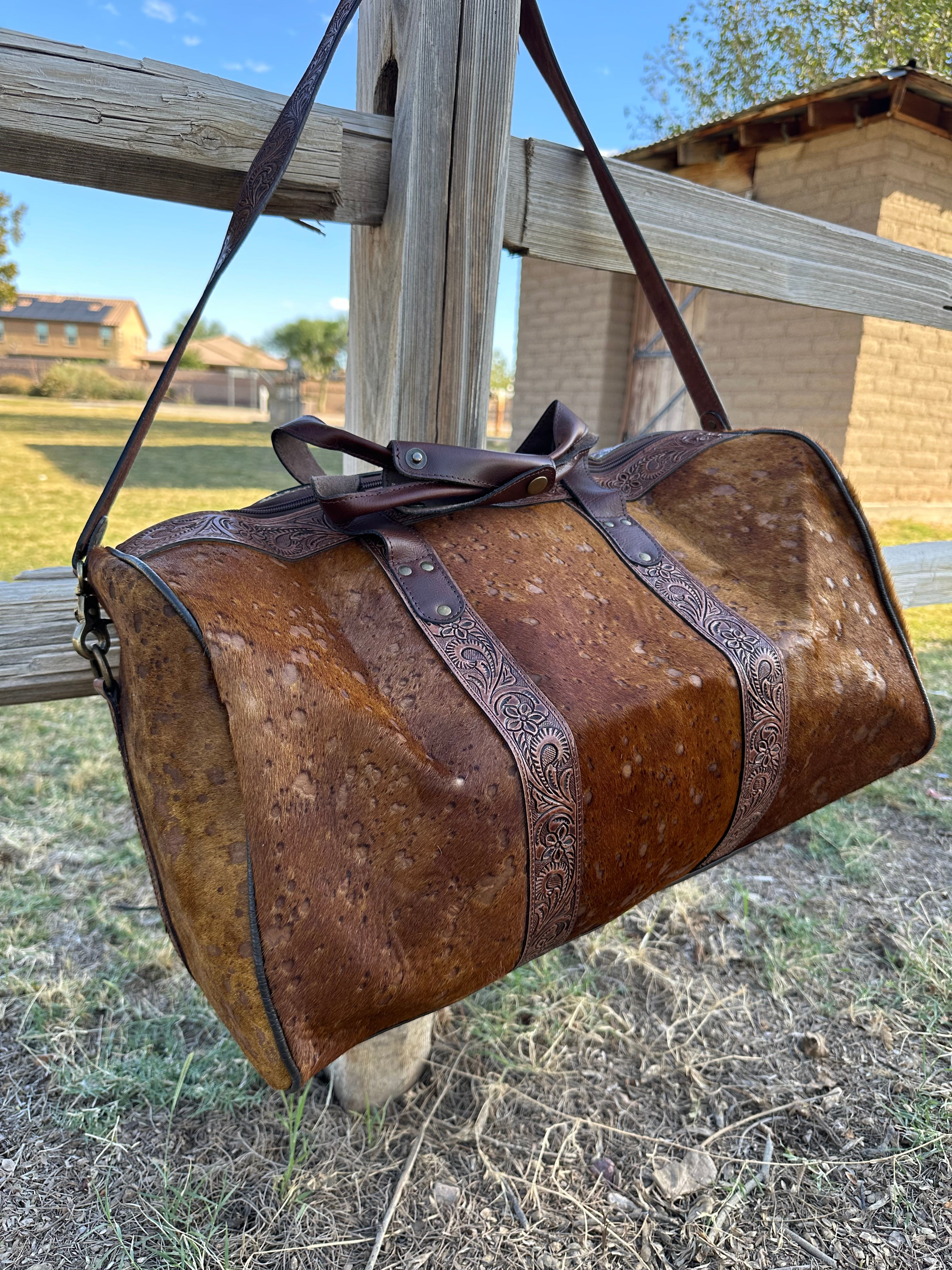 Genuine Tooled Leather Cowhide Duffle Bag