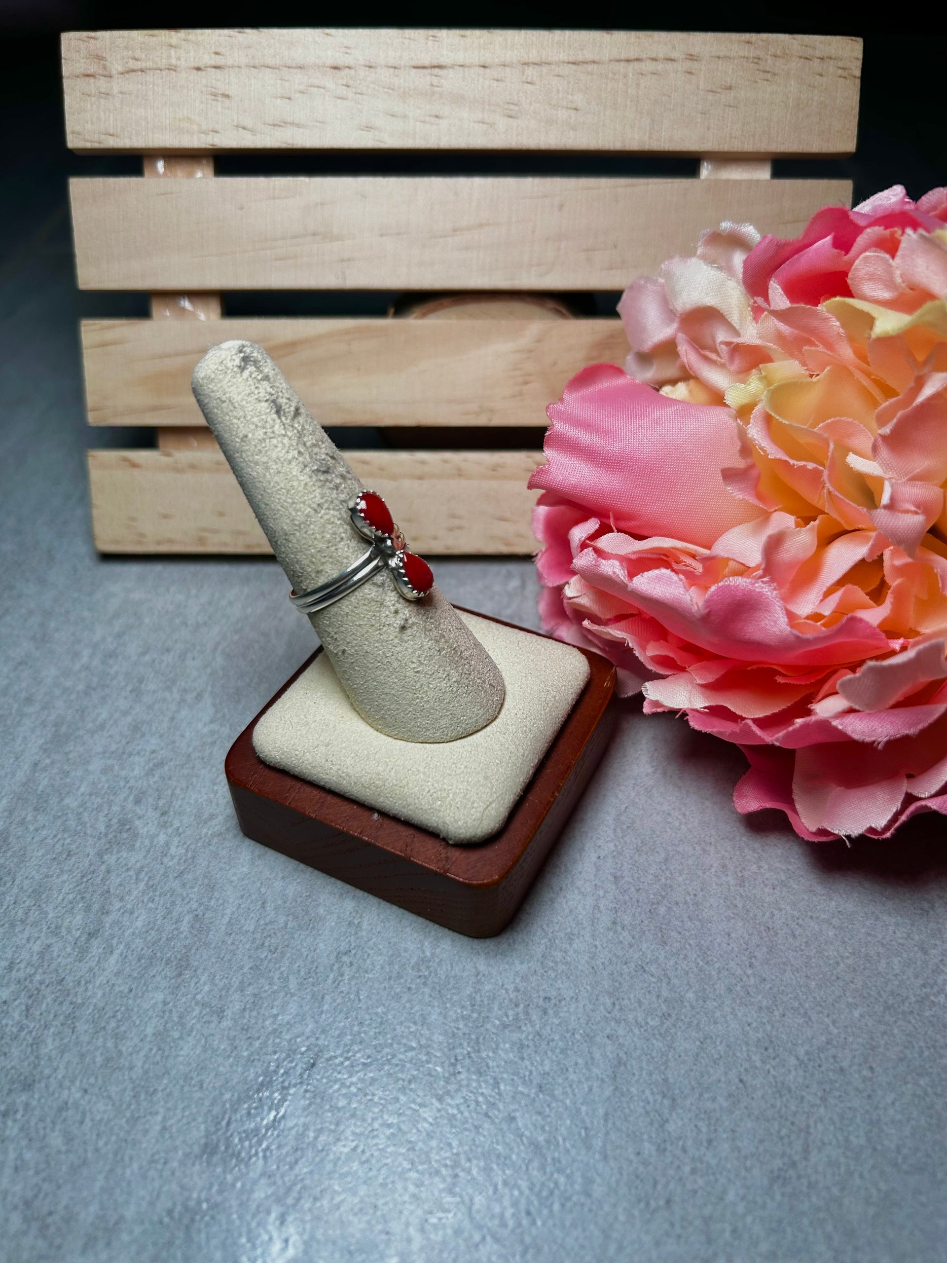 Navajo Made Natural Red Coral & Sterling Silver Ring