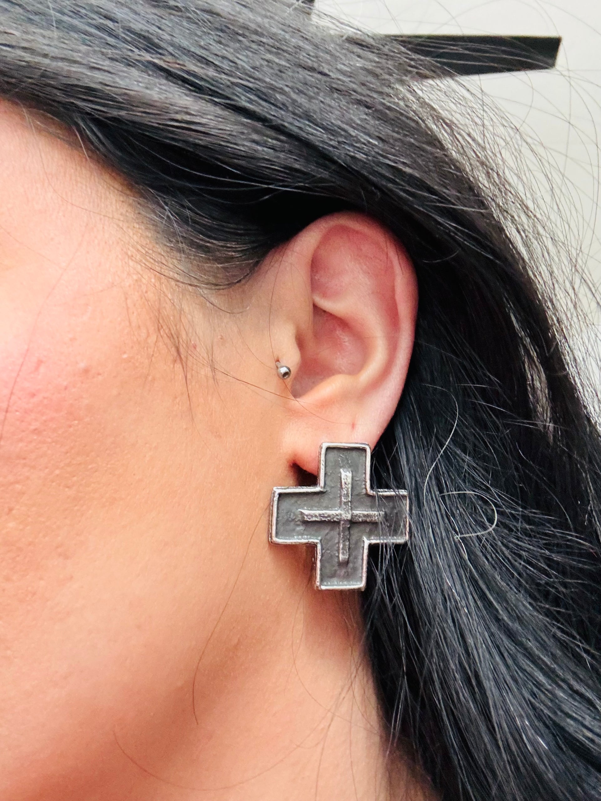 Stanford Yazzie Sterling Silver Tufa Cast Post Earrings