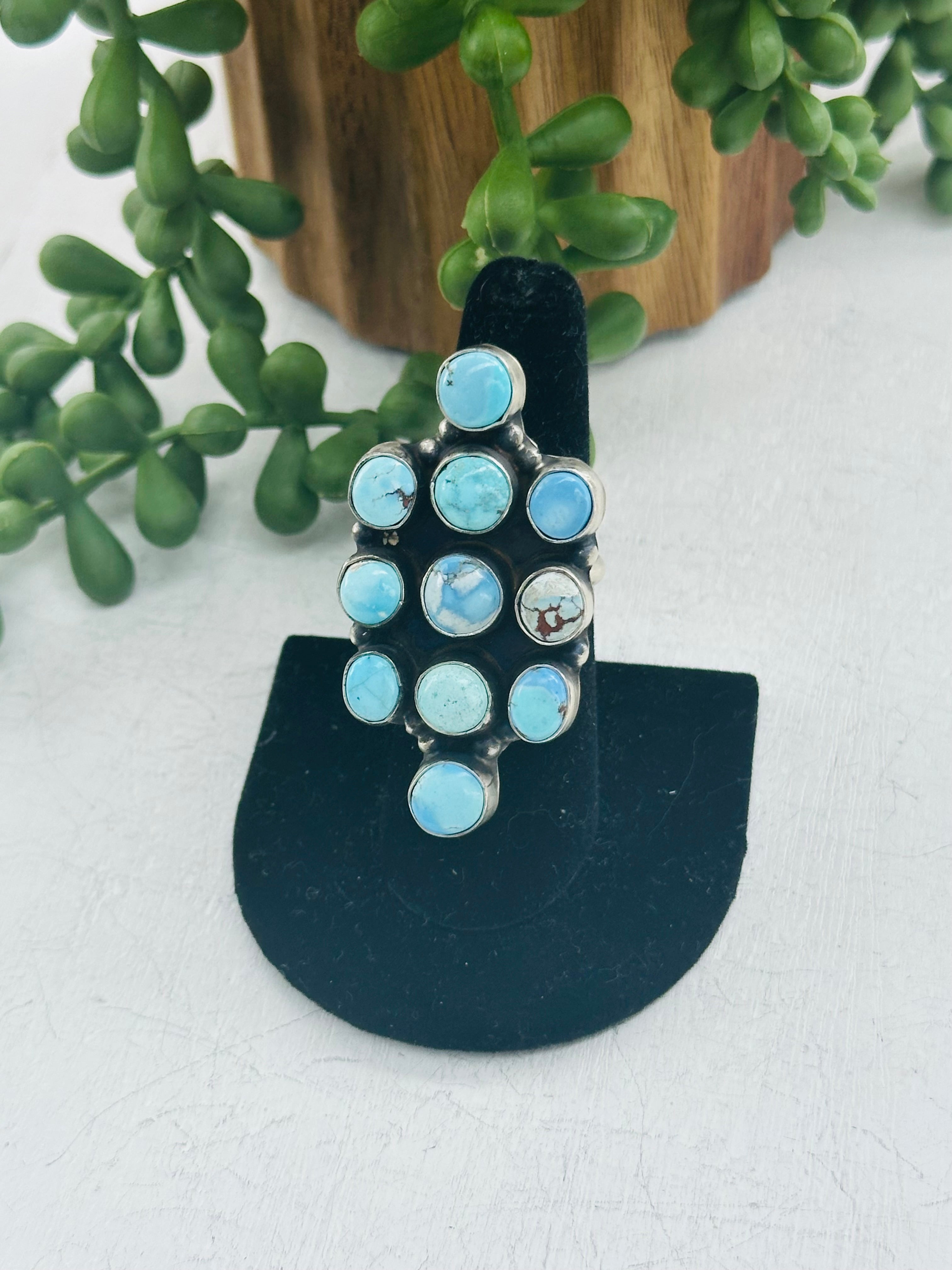 Linda Lincoln Golden Hills Turquoise & Sterling Silver Cluster Ring Size 7