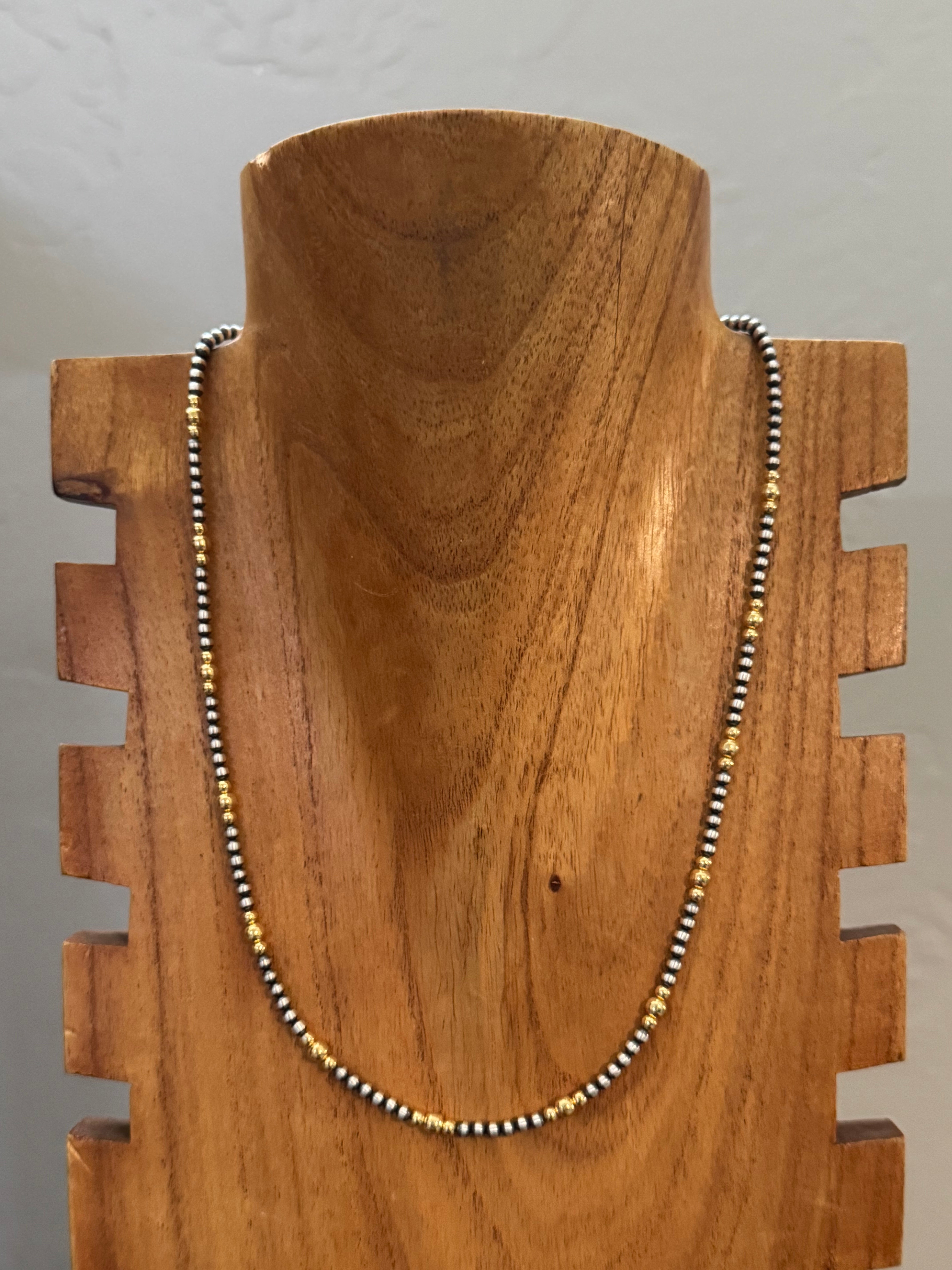 Navajo STRUNG Sterling Silver & 14 kt Gold Plate Graduated Pearl Necklace