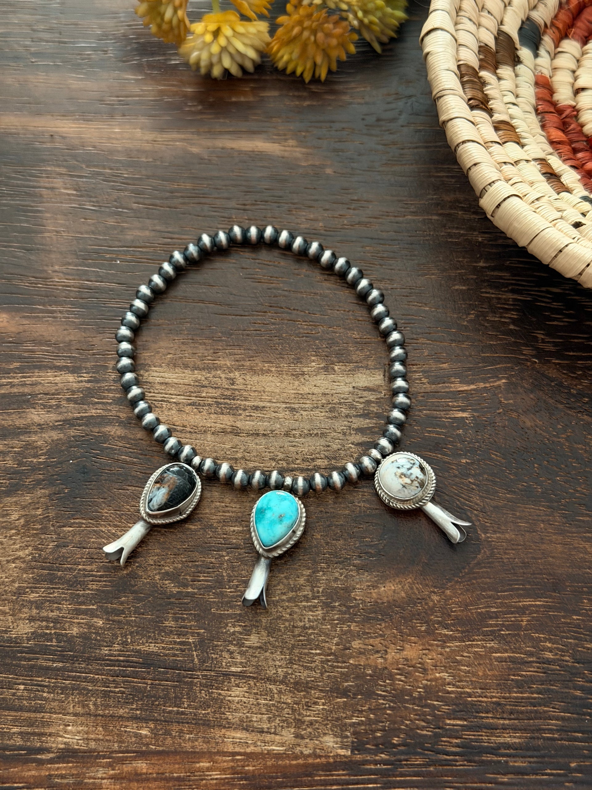 George Rios Multi Stone & Sterling Silver Hand Strung Pearl Beaded Stretch Bracelet