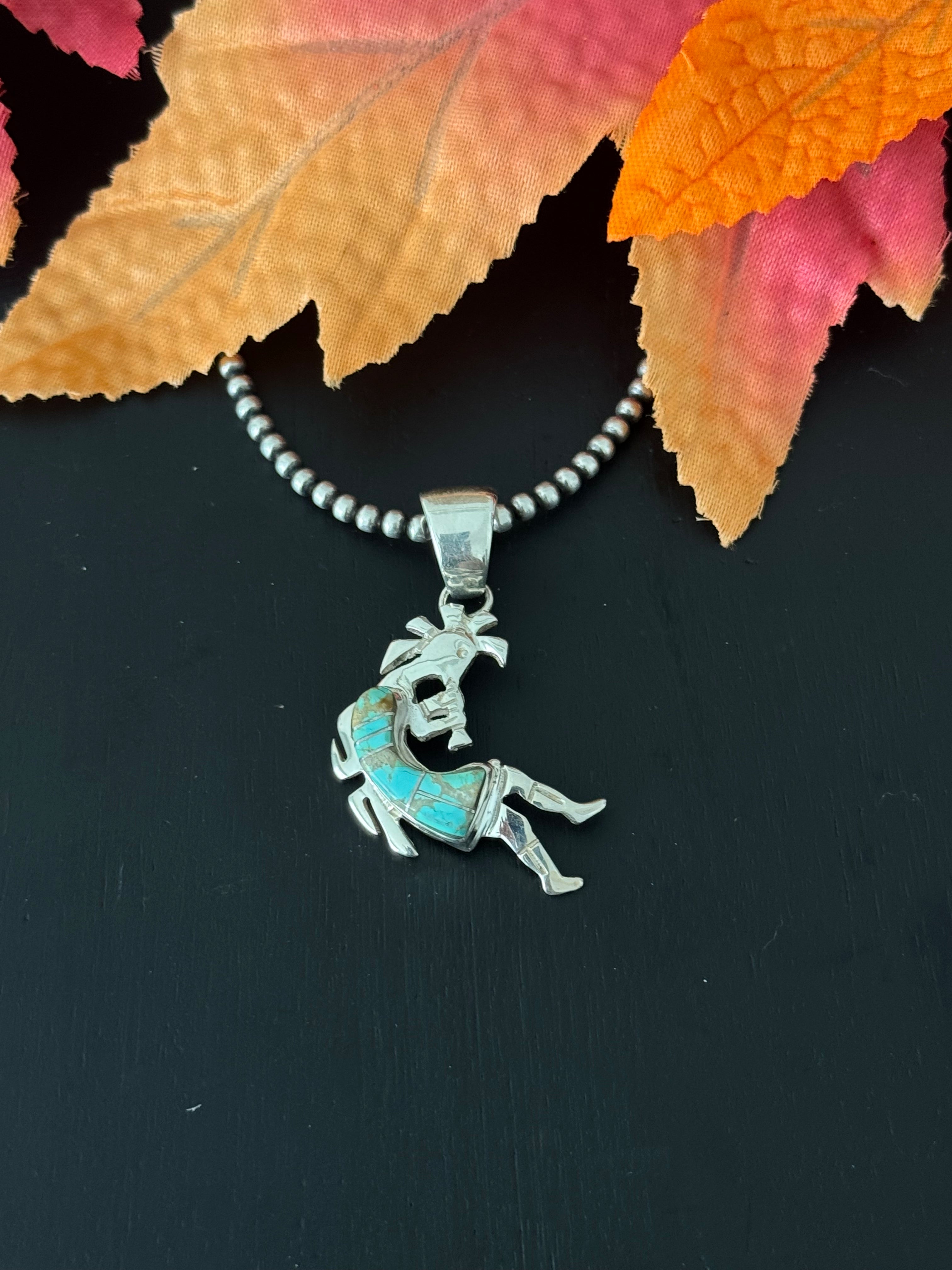 Navajo Made #8 Turquoise & Sterling Silver Inlay Kokopelli Pendant