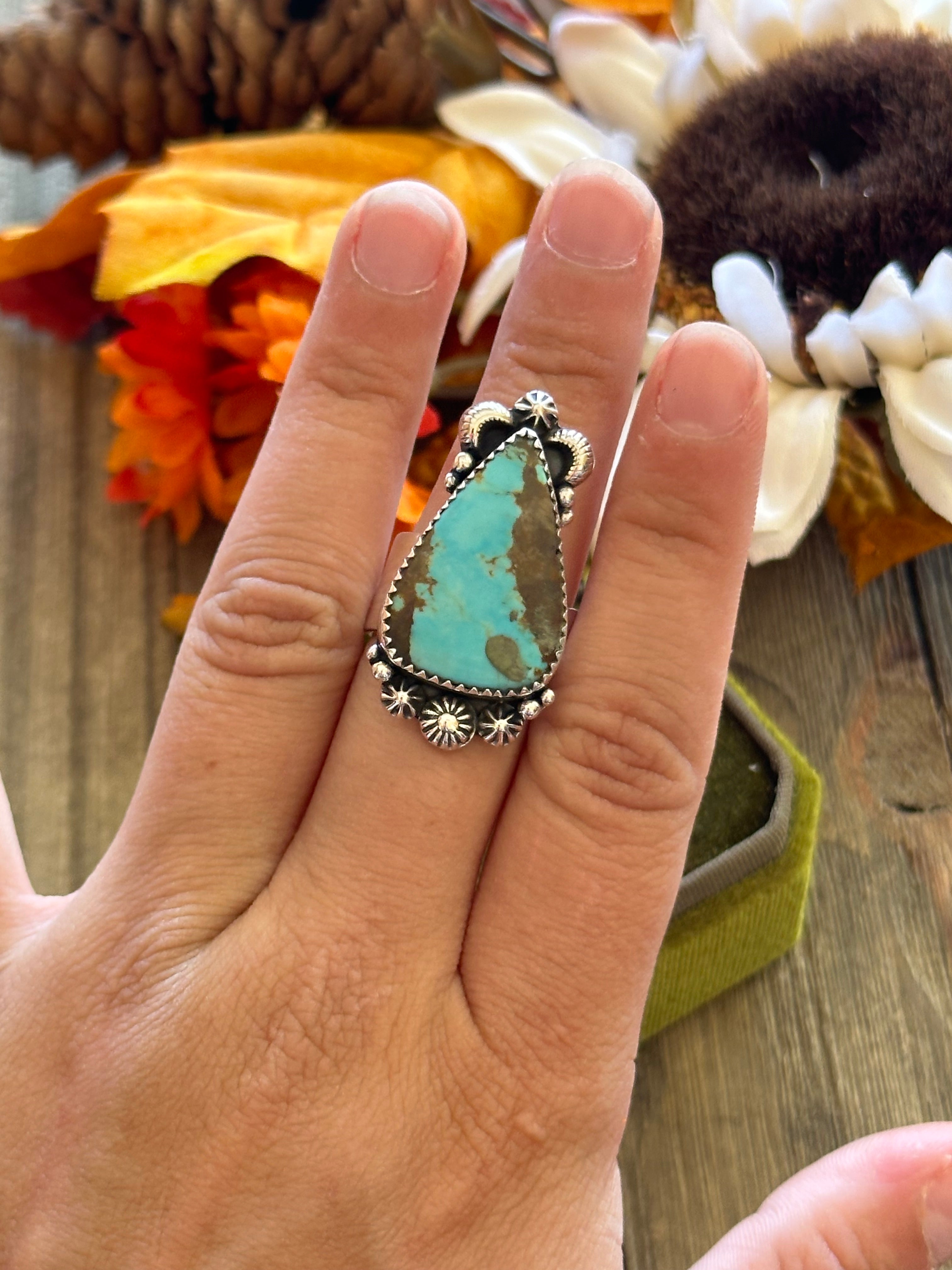 Southwest Handmade #8 Turquoise & Sterling Silver Adjustable Ring