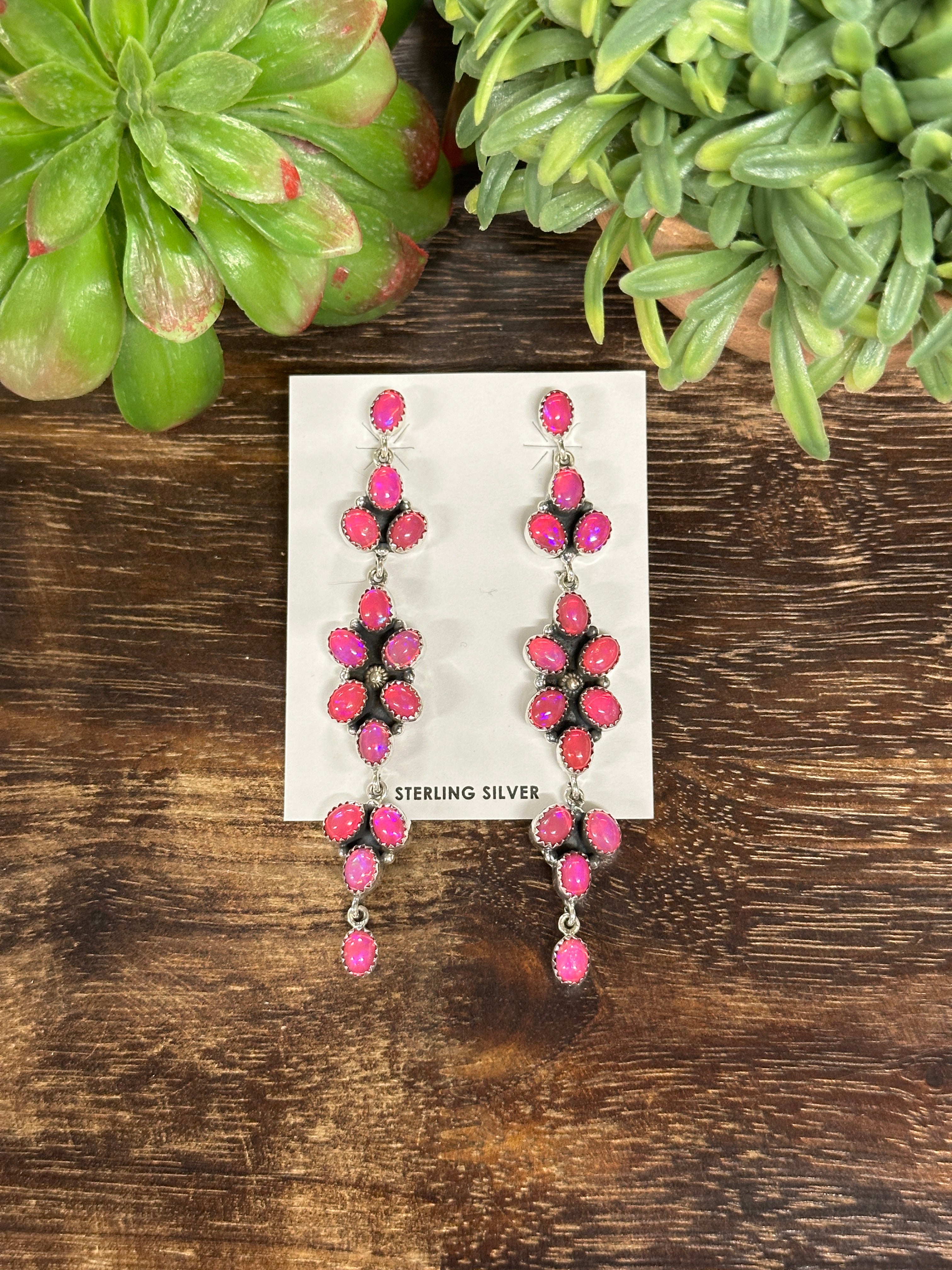 Southwest Handmade Hot Pink Opal & Sterling Silver Post Dangle Earrings