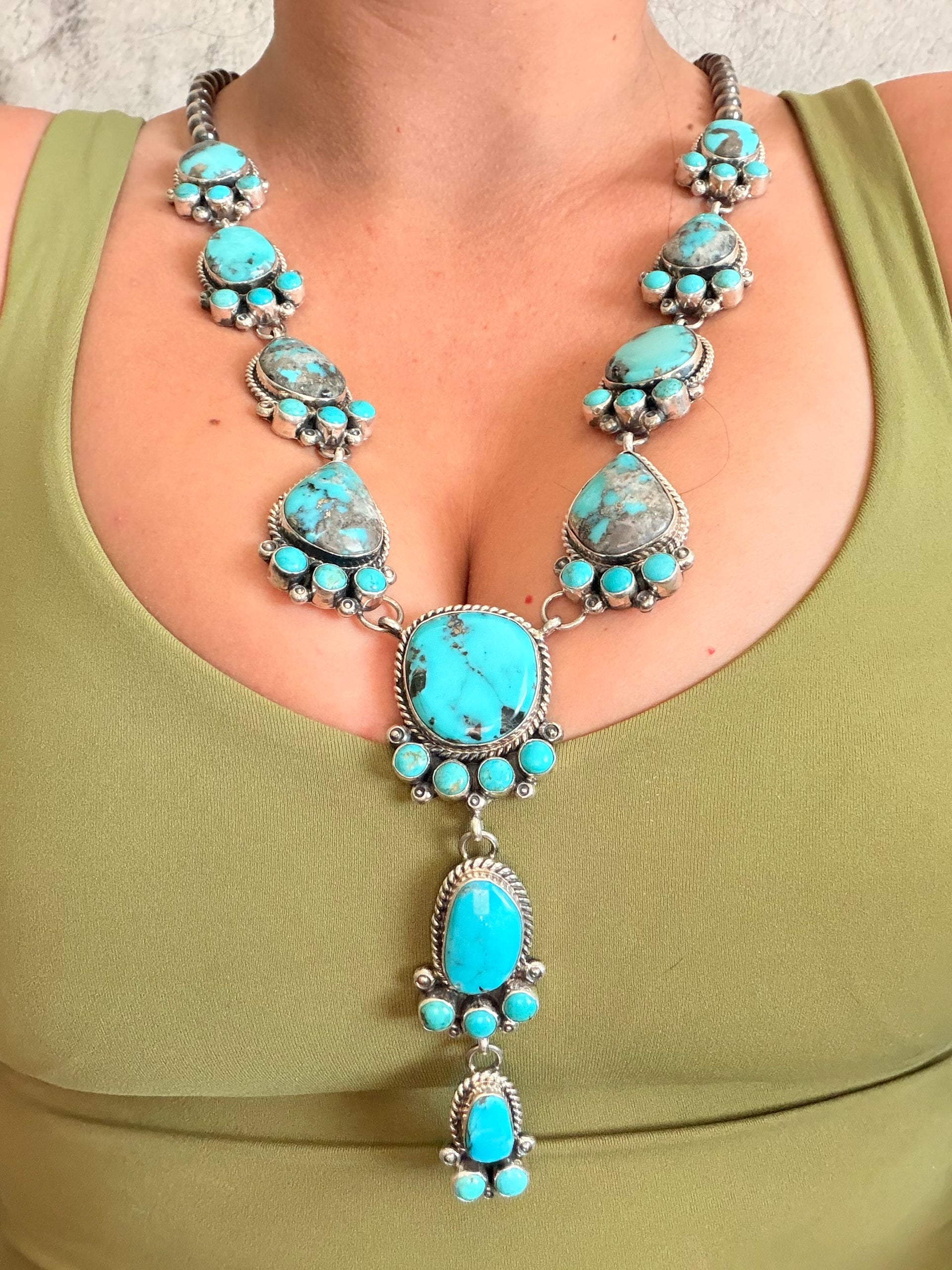 Navajo Made Mixed Turquoise & Sterling Silver Lariat Necklace