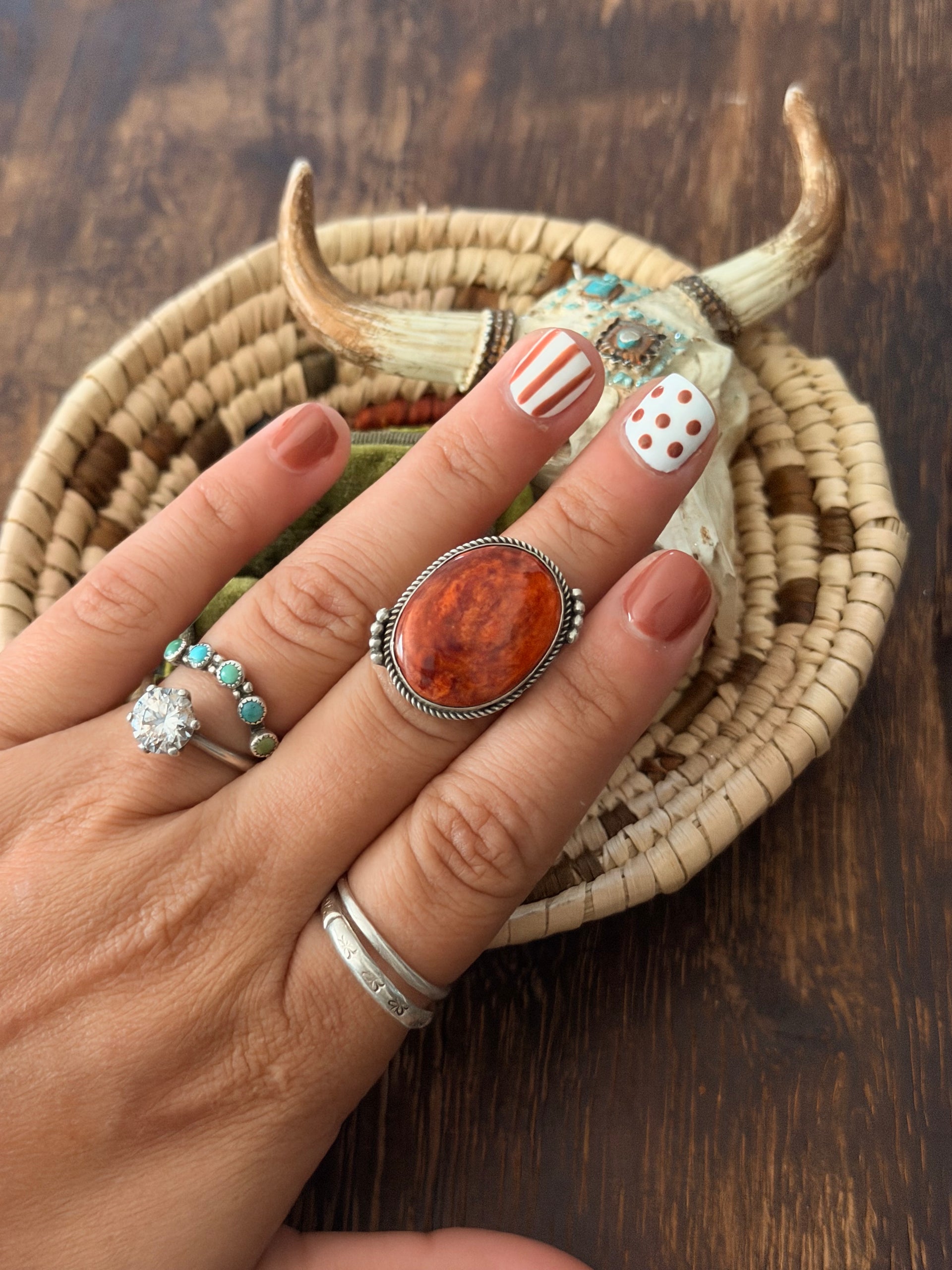 Navajo Made Red Spiny Oyster & Sterling Silver Ring Size 6