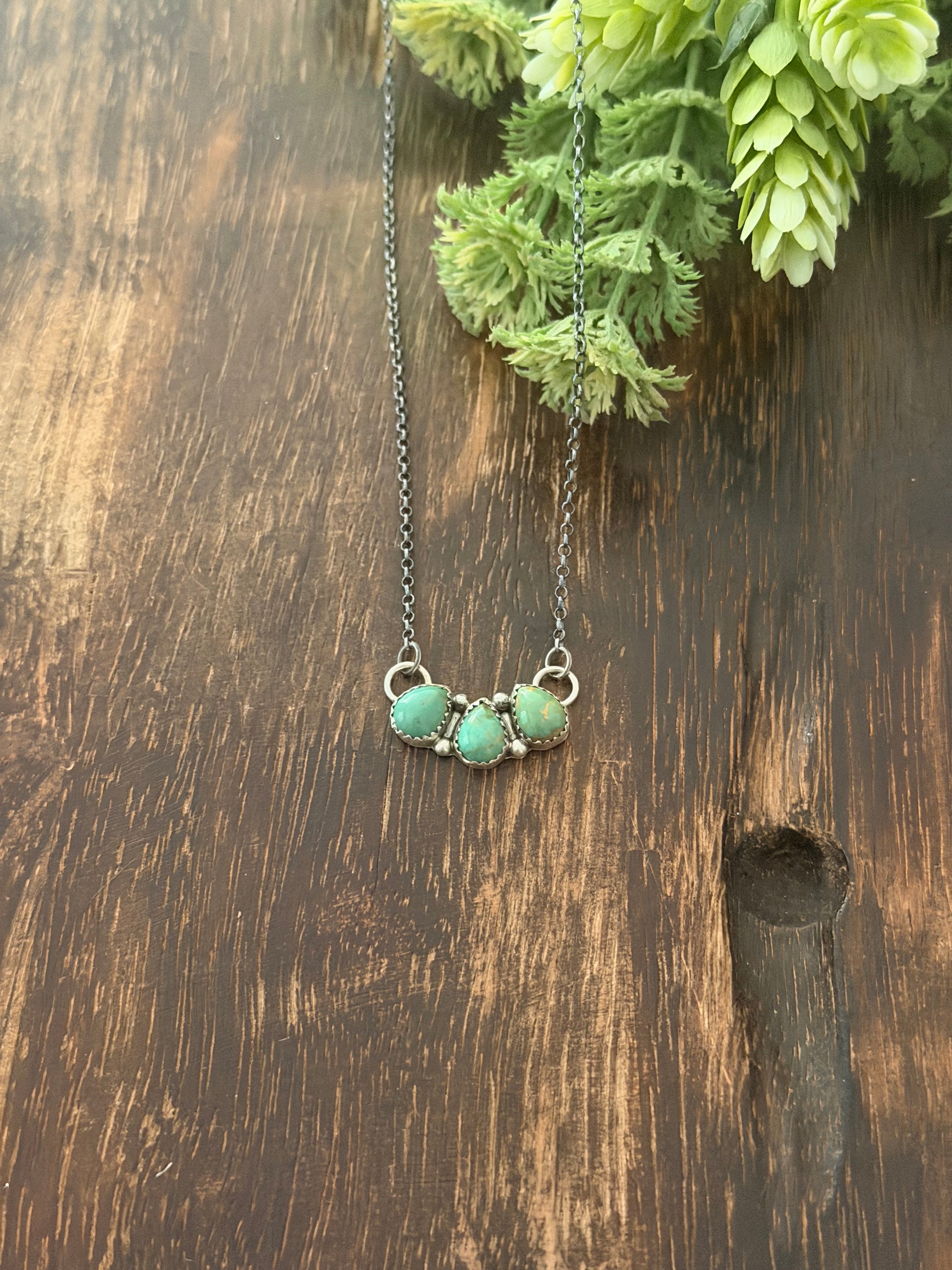 Navajo Made Kingman Turquoise & Sterling Silver Cluster Bar Necklace