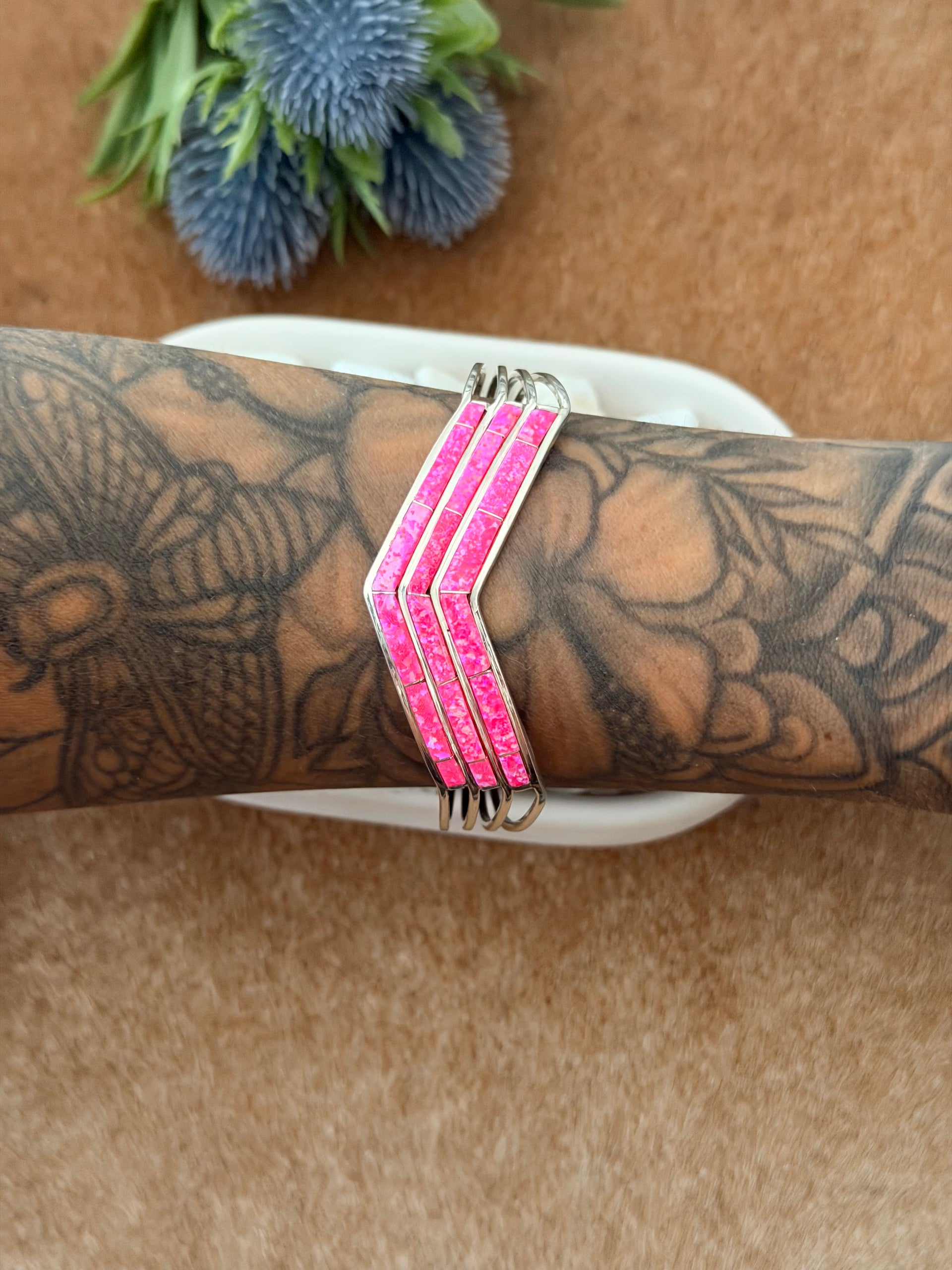 Navajo Made Pink Opal & Sterling Silver Cobblestone Cuff Bracelet
