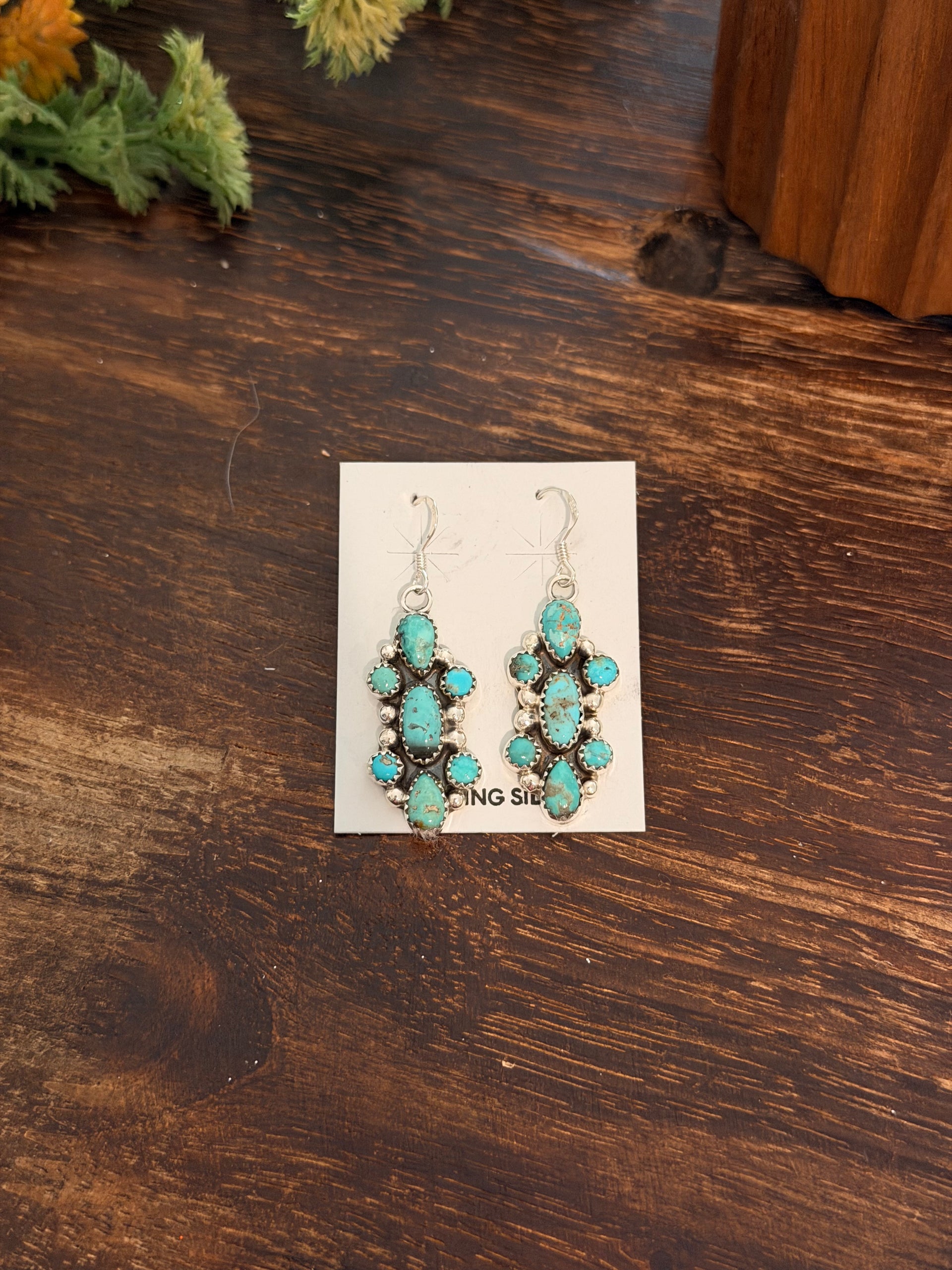 Pearline Spencer Kingman Turquoise & Sterling Silver Dangle Cluster Earrings