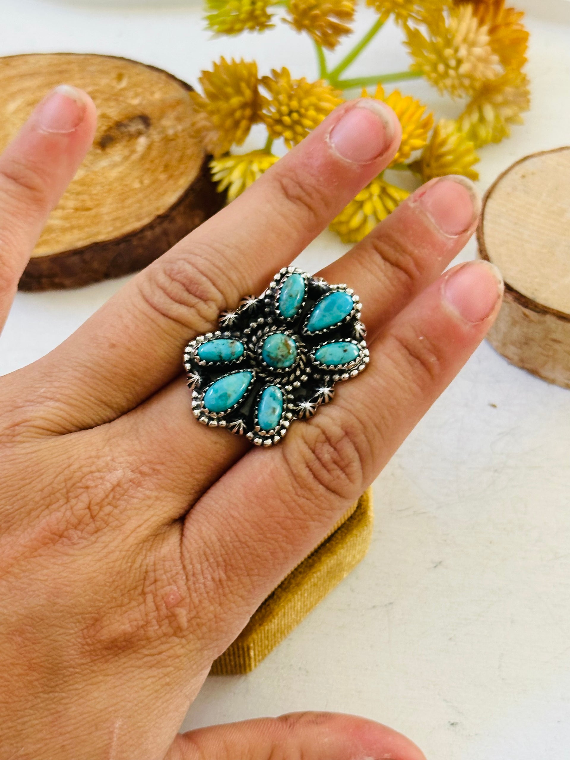 TTD “Sky Cascade” Kingman & Sterling Silver Adjustable Cluster Ring