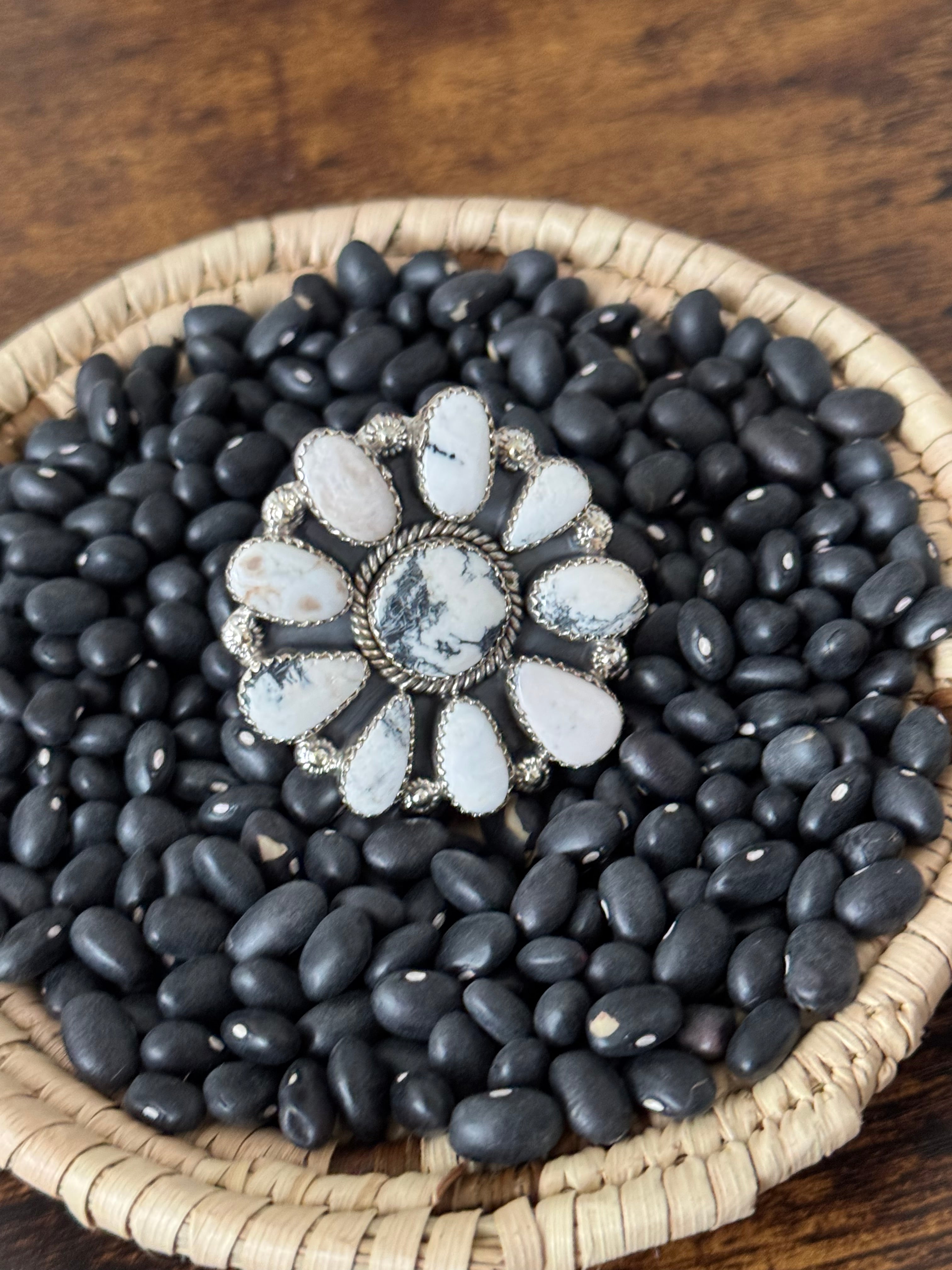 Southwest Handmade White Buffalo & Sterling Silver Adjustable Cluster Ring