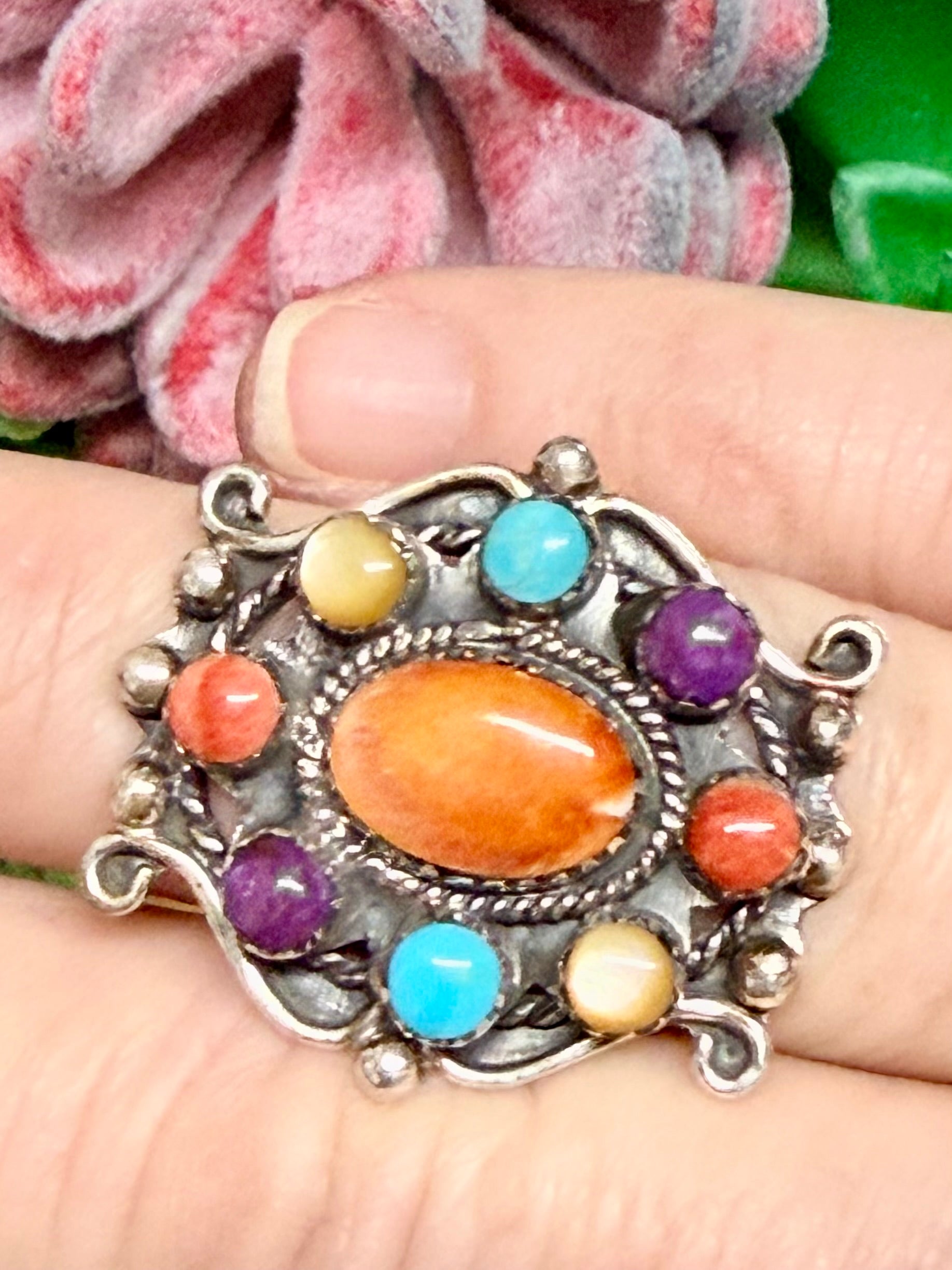 Southwest Handmade Multistone & Sterling Silver Ring Size 7.25