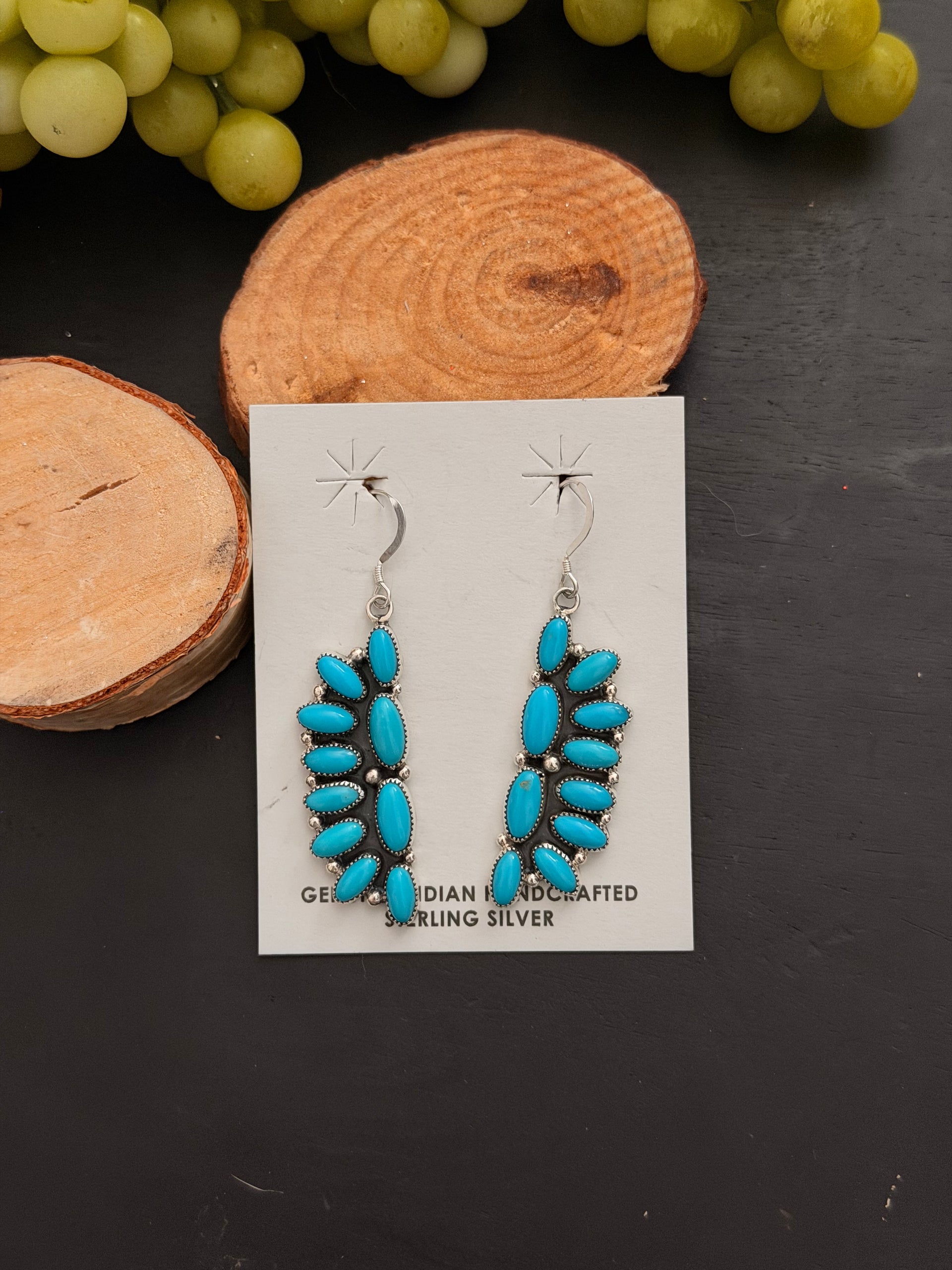 Navajo Made Kingman Turquoise & Sterling Silver Cluster Dangle Earrings