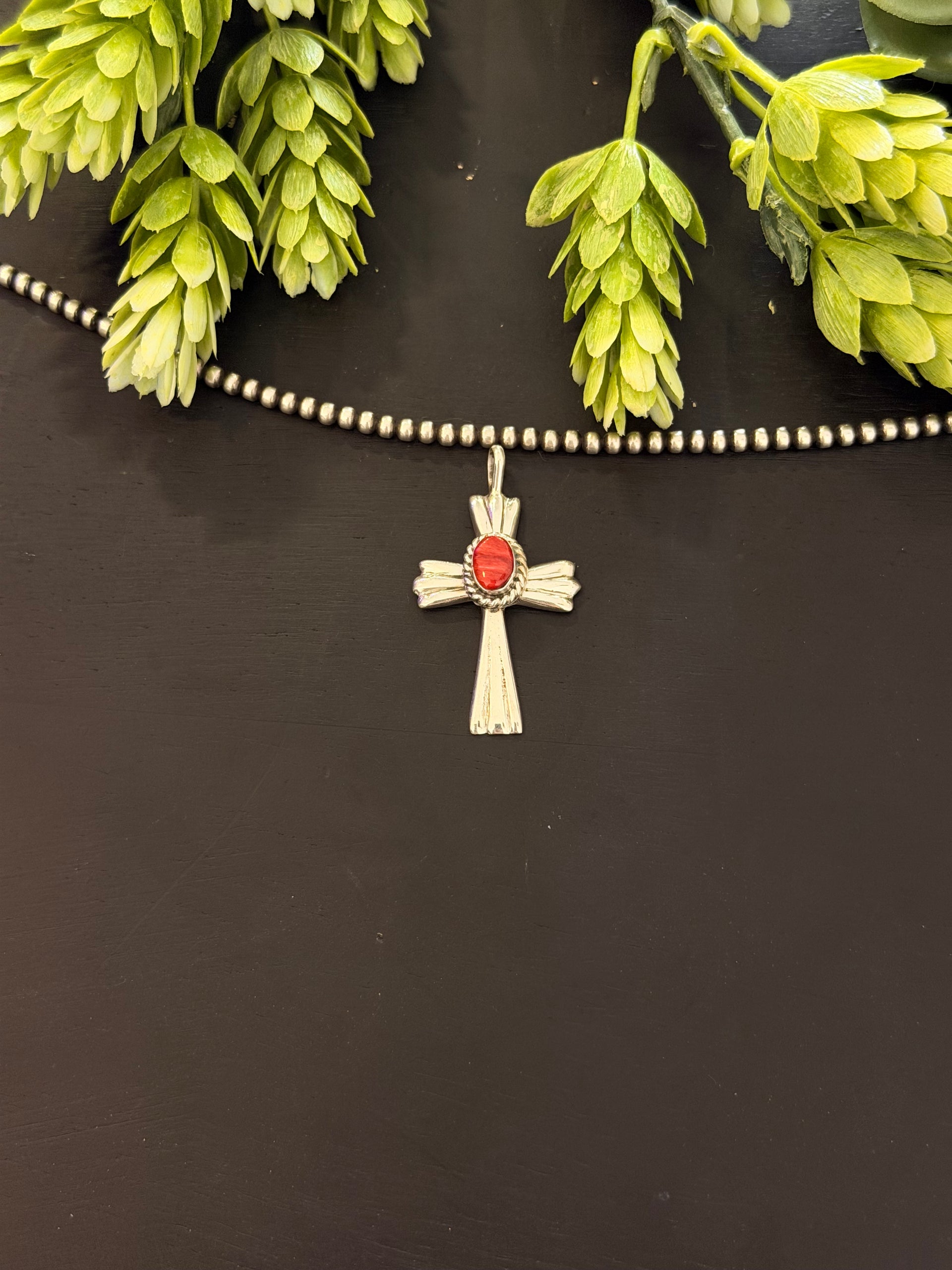 Navajo Made Red Spiny Oyster & Sterling Silver Cross Pendant