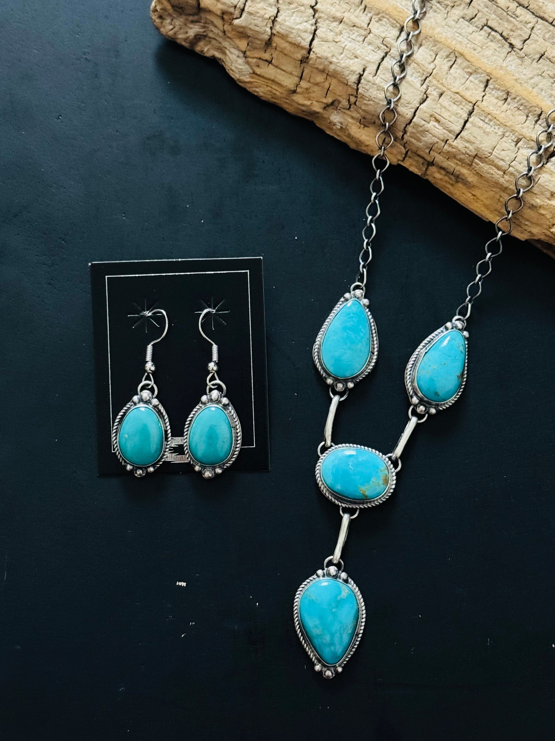 Navajo Made Kingman Turquoise and Sterling Silver Necklace Set