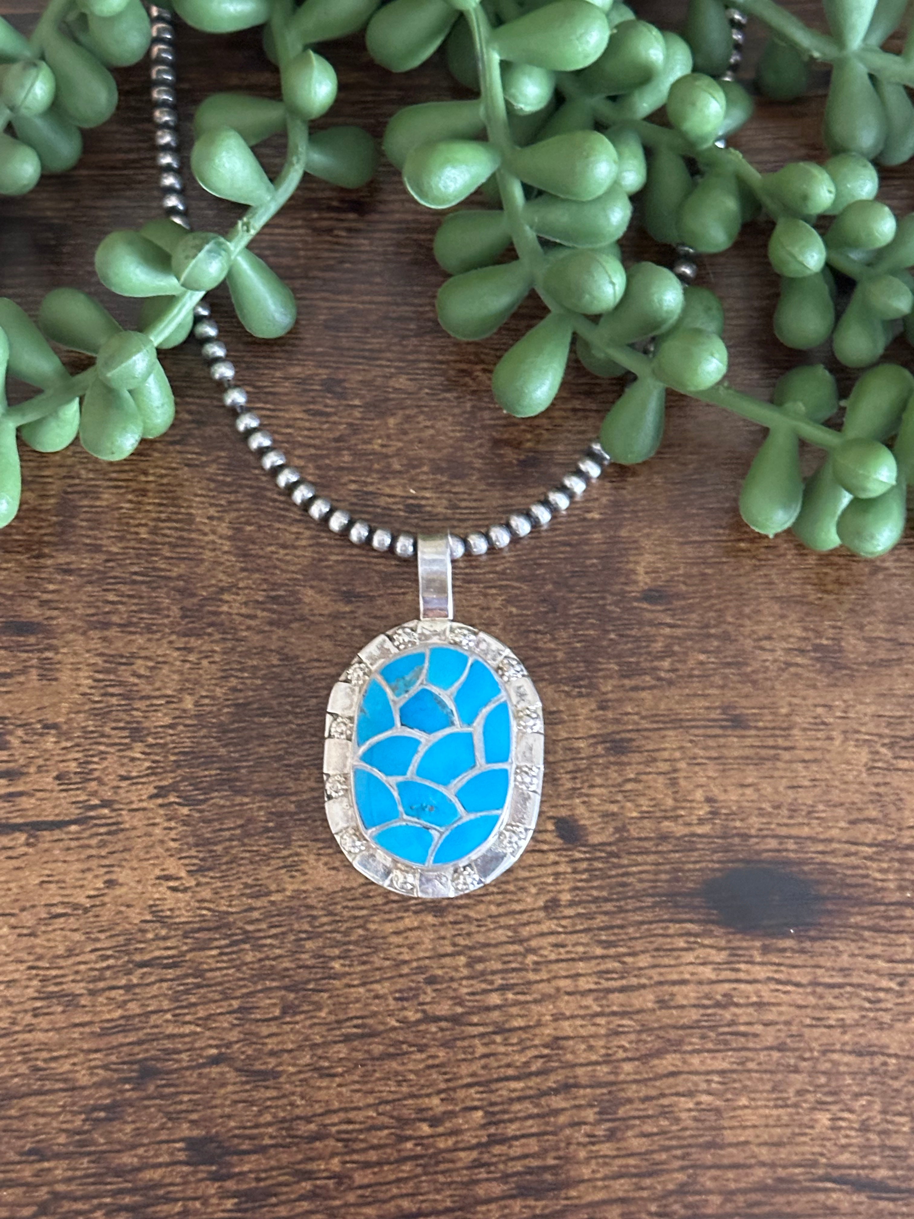 Zuni Handmade Turquoise & Sterling Silver Inlay Pendant