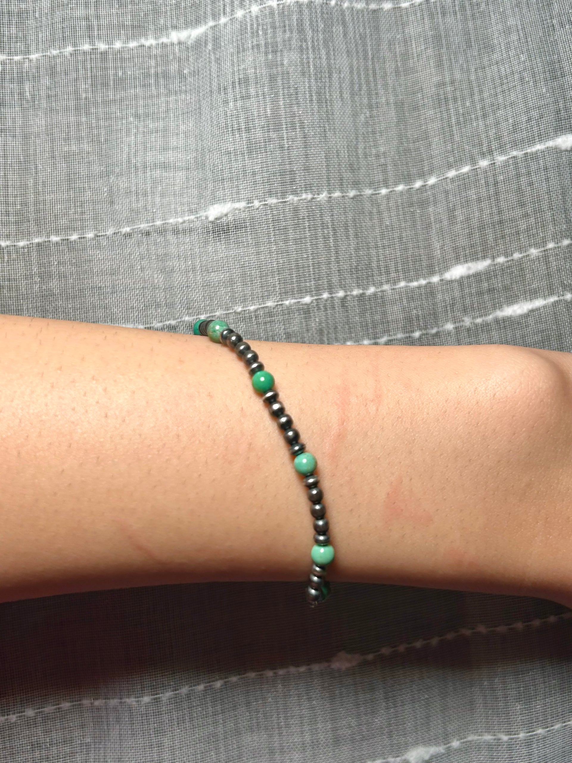Navajo Made Kingman Turquoise & Sterling Silver Strung Stretchy Bracelet