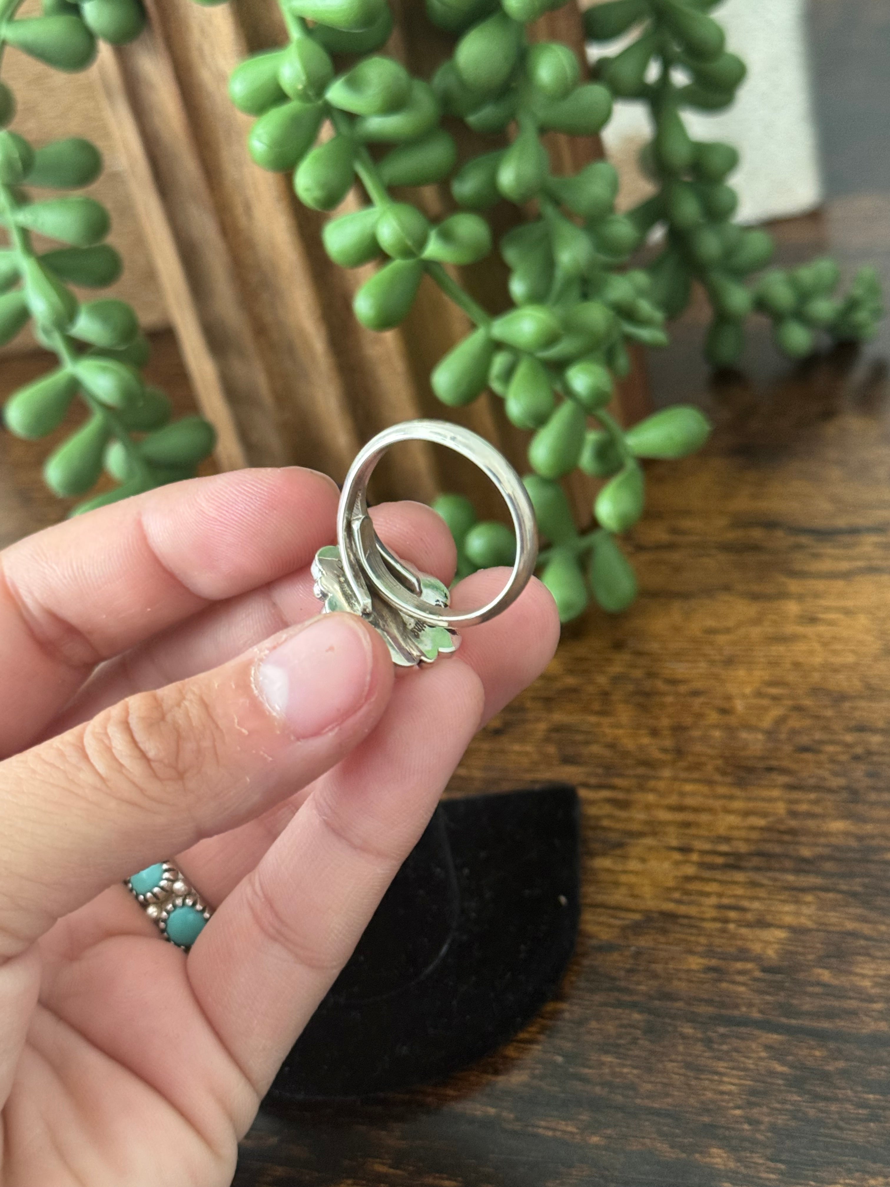 Navajo Made Kingman Turquoise & Sterling Silver Cluster Adjustable Ring