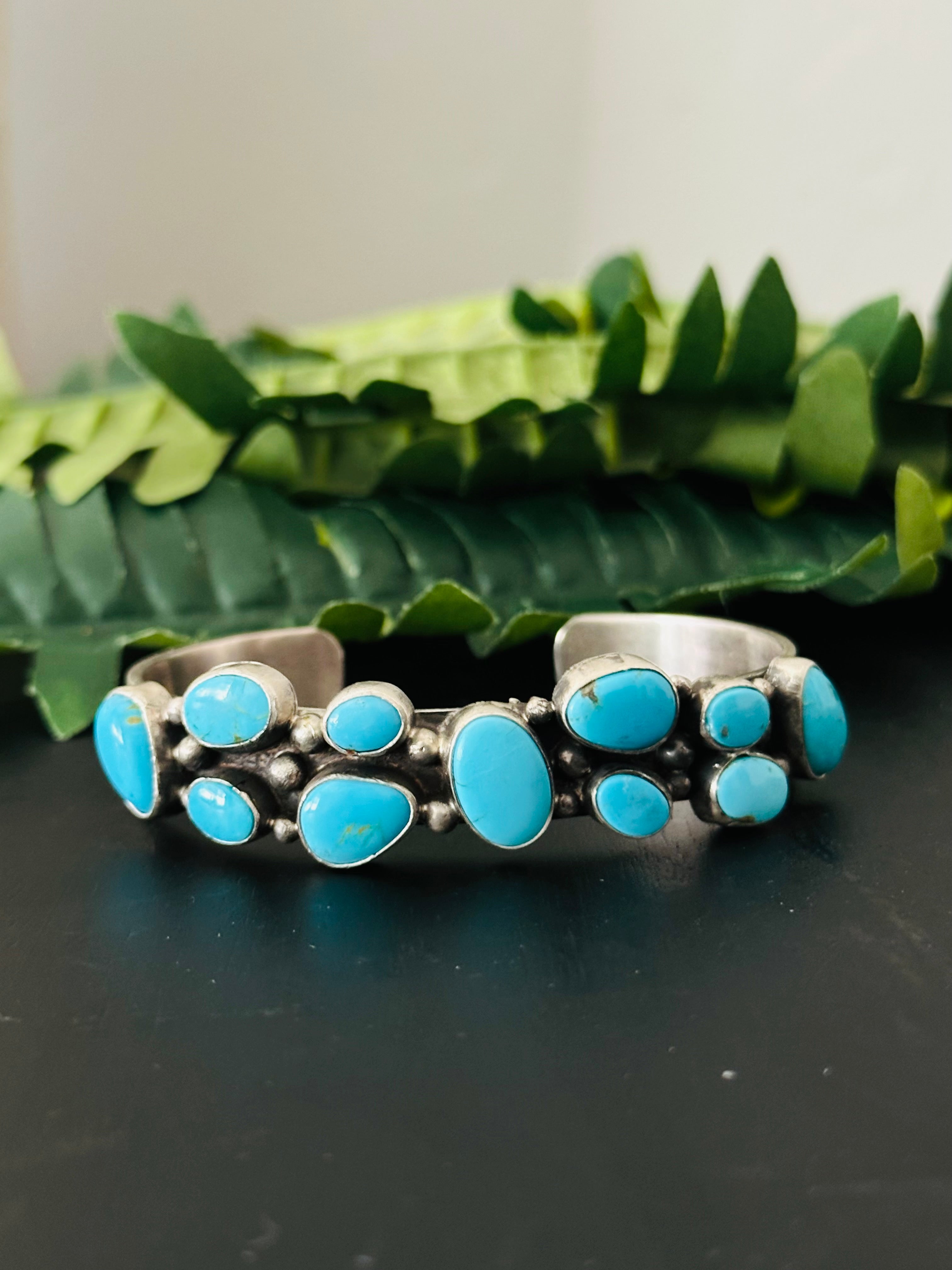 Bobby Johnson Kingman Turquoise & Sterling Silver Cluster Cuff Bracelet