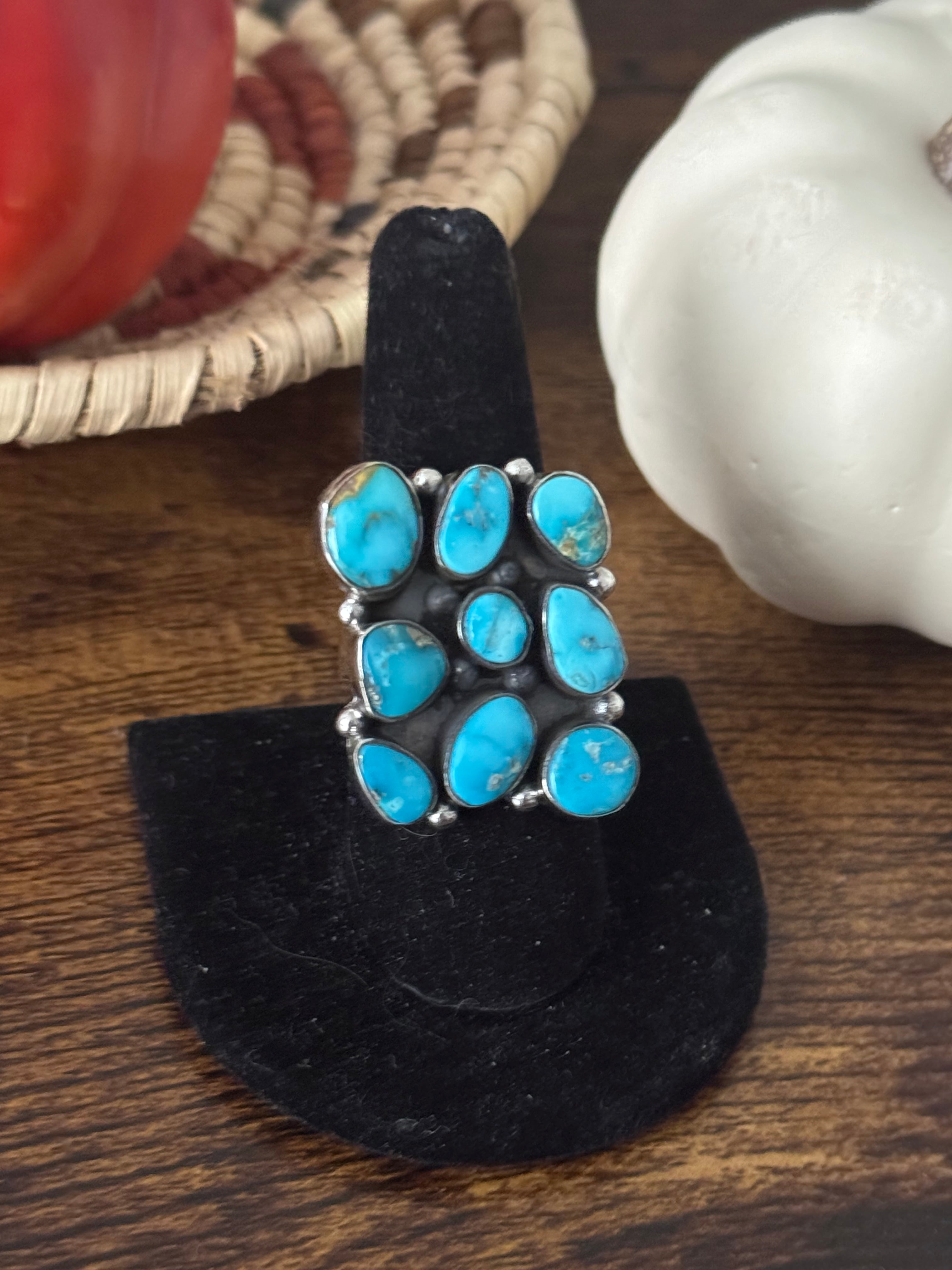 Southwest Handmade Valley Blue Turquoise & Sterling Silver Adjustable Cluster Ring