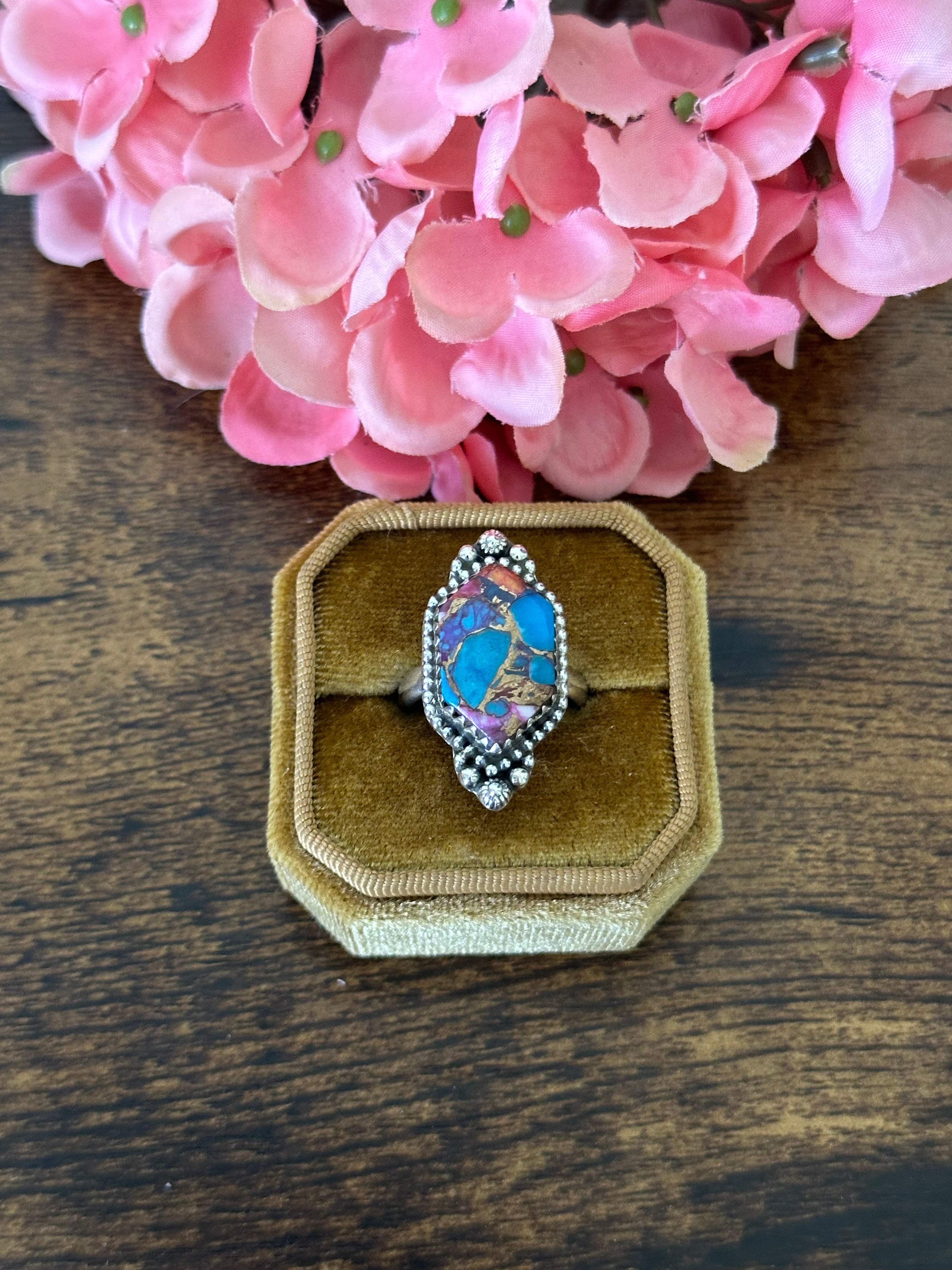 Southwest Handmade Pink Mohave Turquoise & Sterling Silver Ring Size 8