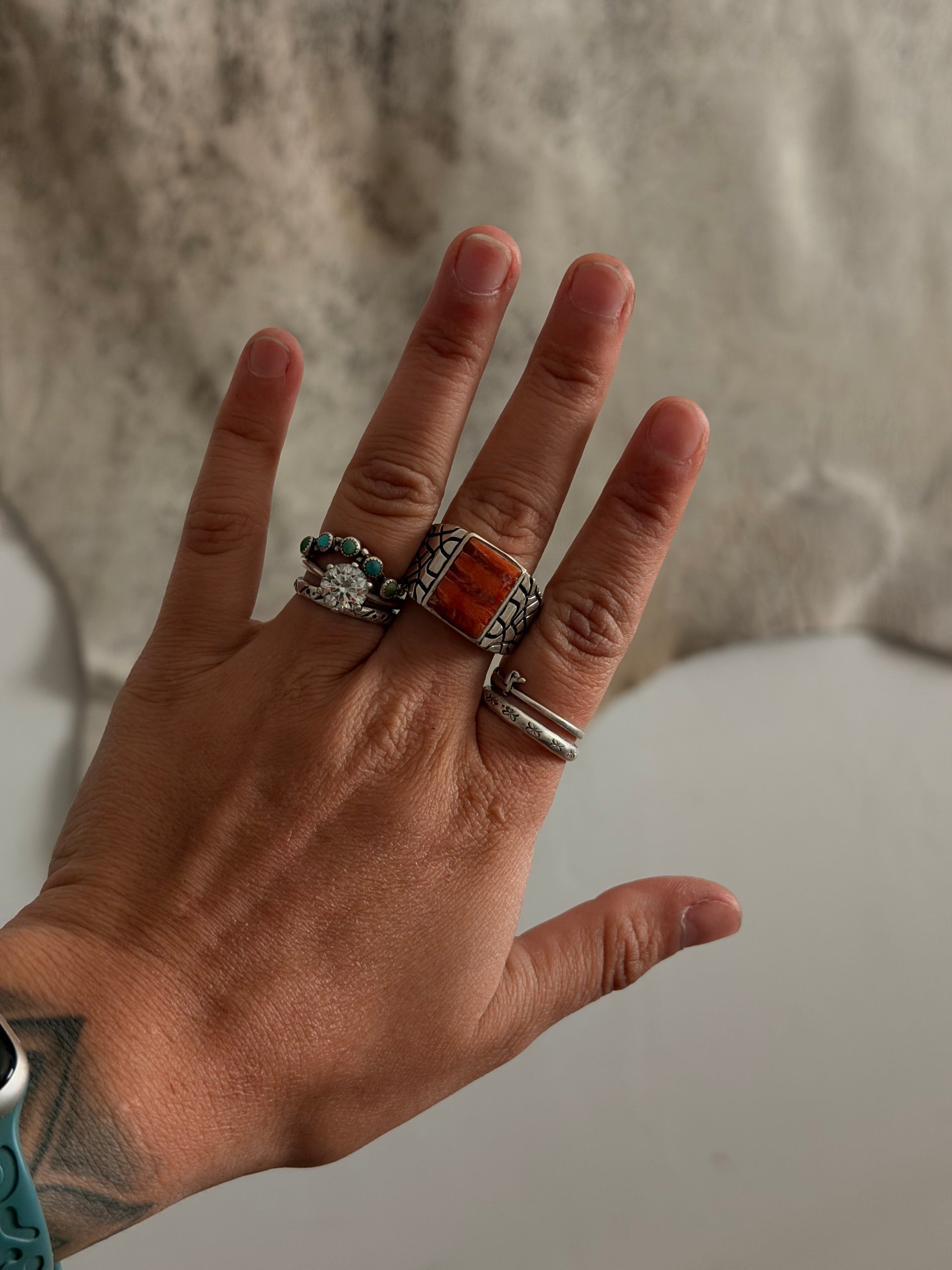 Navajo Made Spiny Oyster & Sterling Silver Cast Ring Size 10.5
