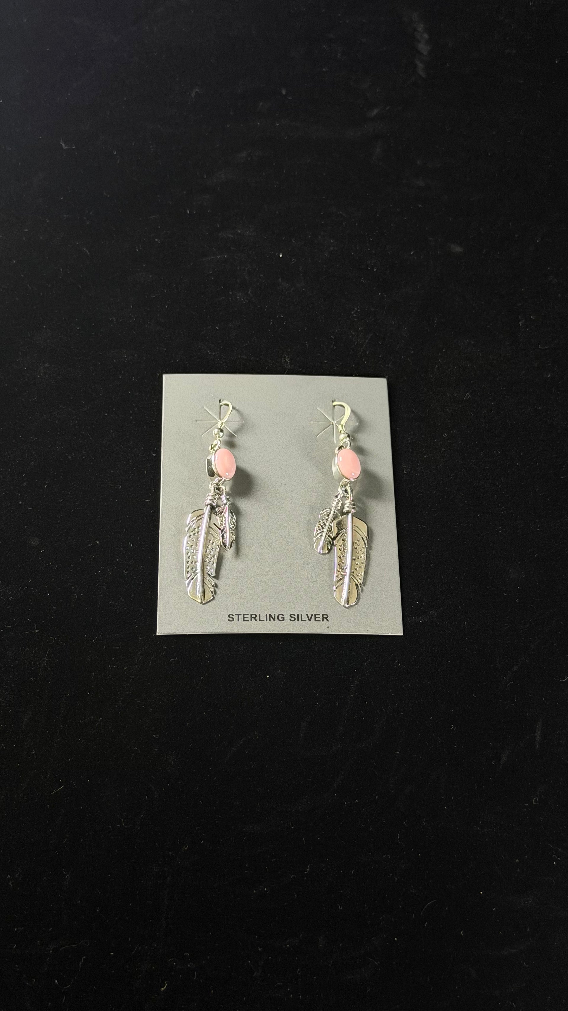Navajo Made Pink Conch & Sterling Silver Feather Dangle Earrings