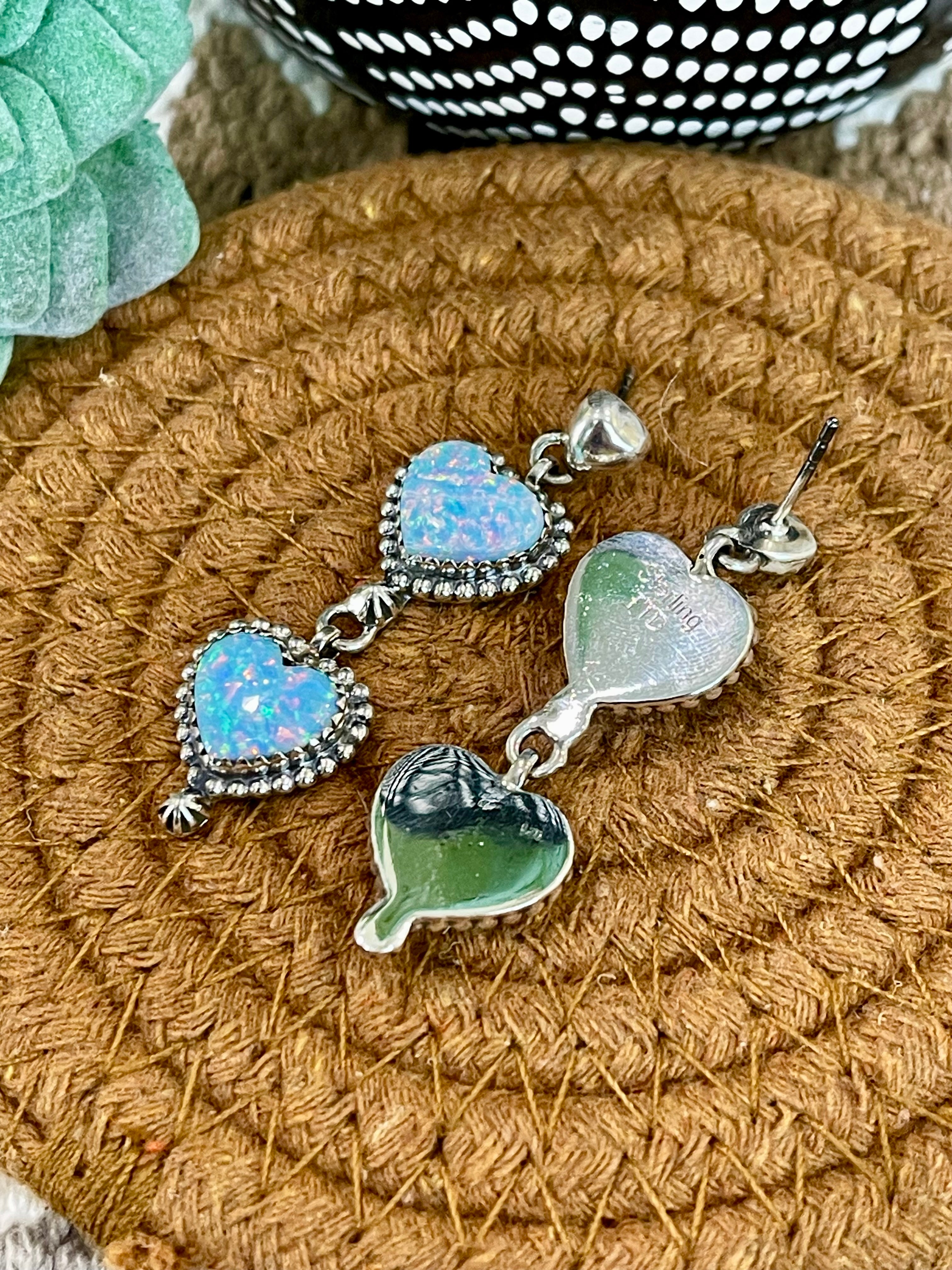 Southwest Handmade Opal & Sterling Silver Post Dangle Heart Earrings