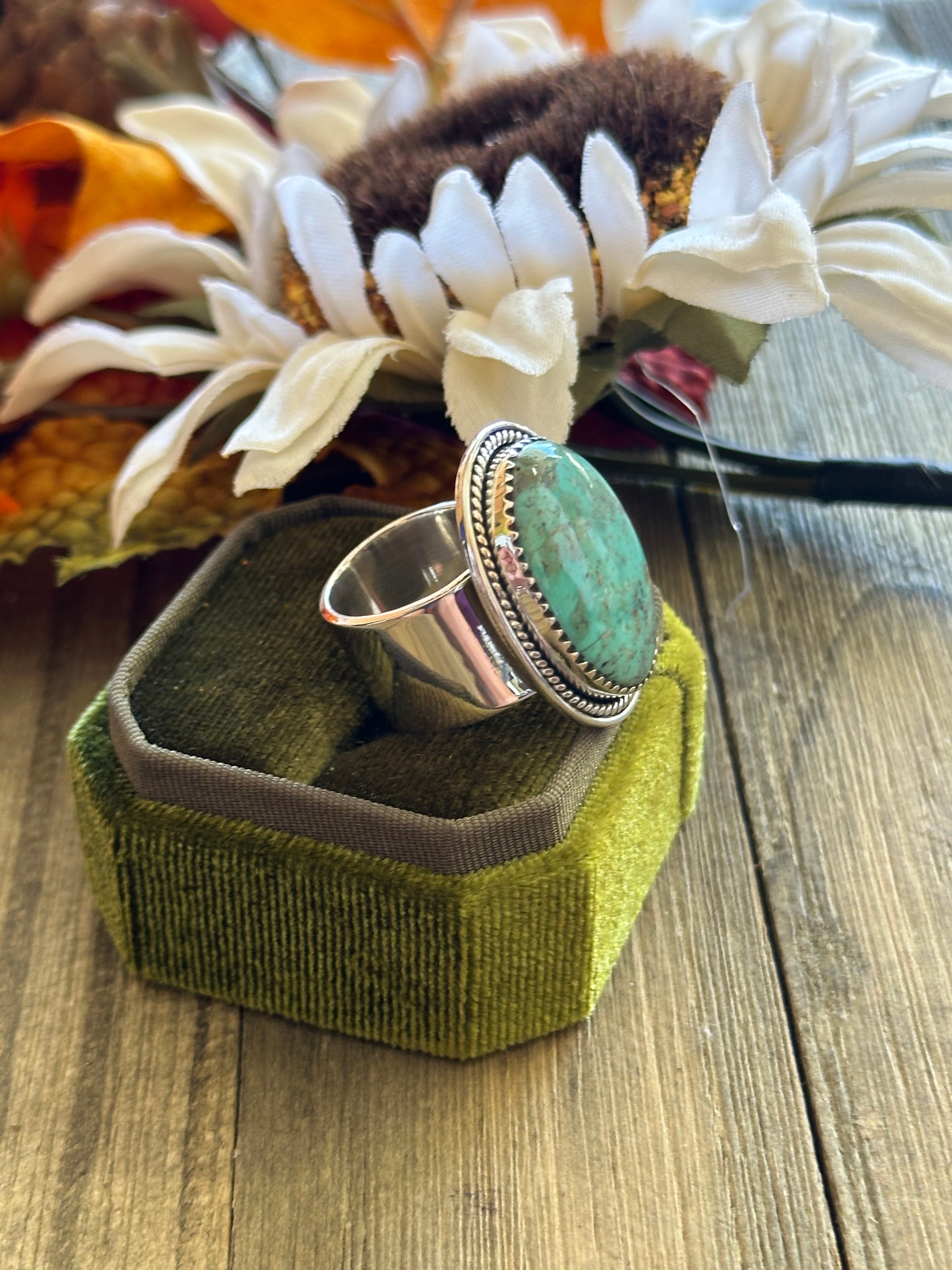 Southwest Handmade #8 Turquoise & Sterling Silver Adjustable Ring