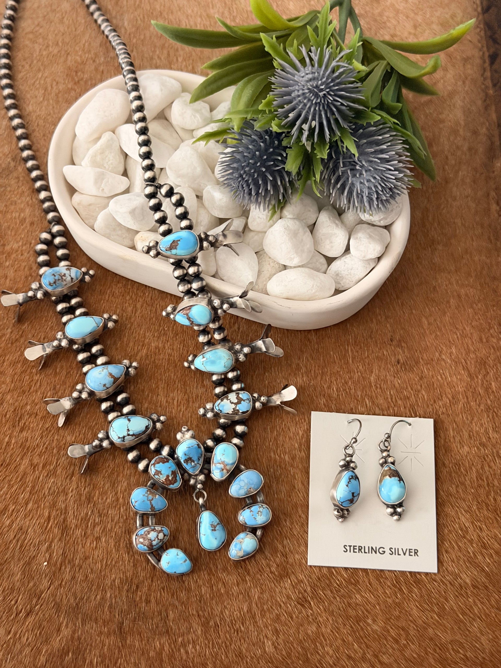 Lydia Begay Golden Hills Turquoise & Sterling Silver Cluster Squash Blossom Necklace Set