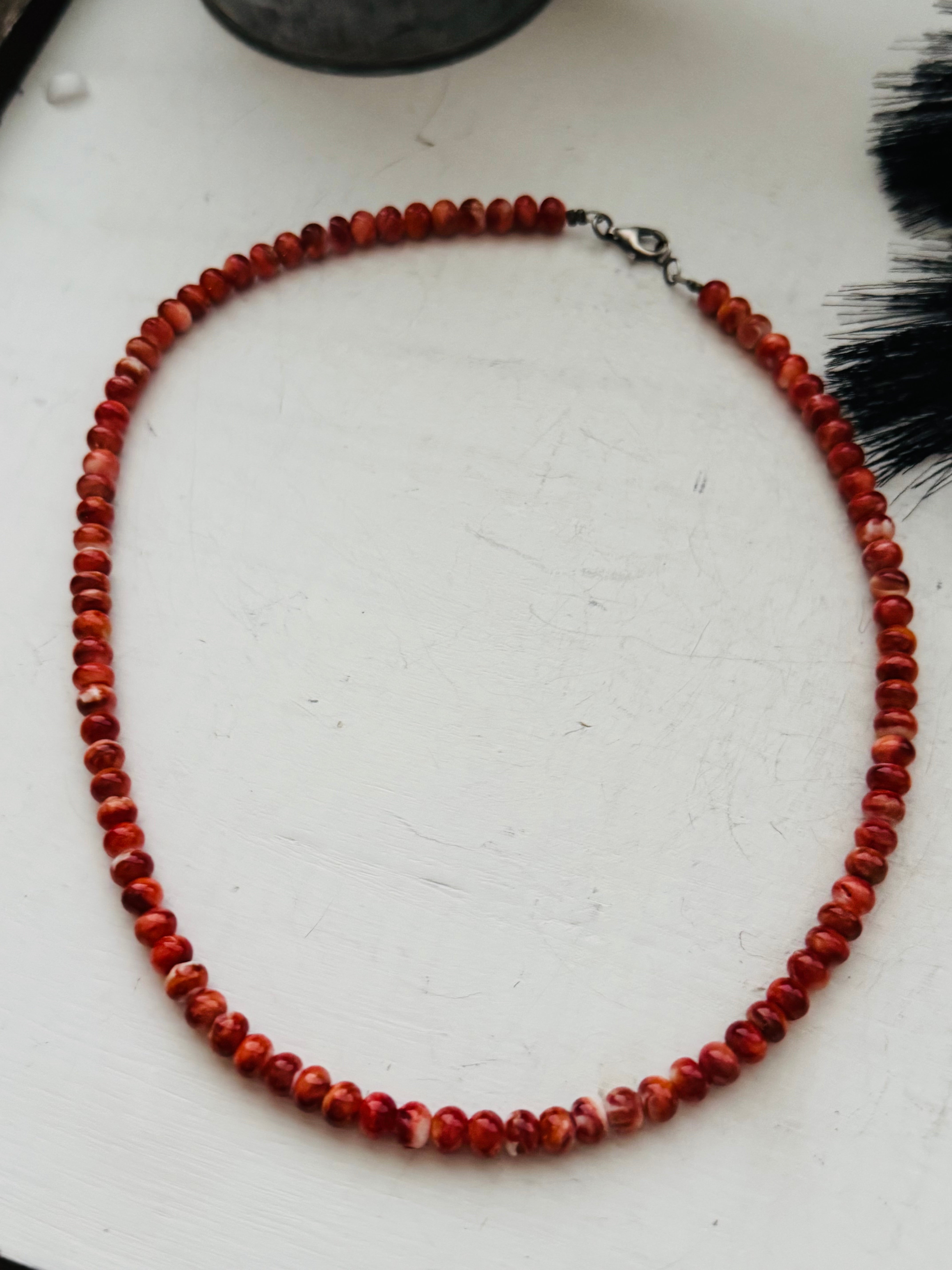 Theresa Skeets Red Spiny Oys & Sterling Silver Beaded Necklace