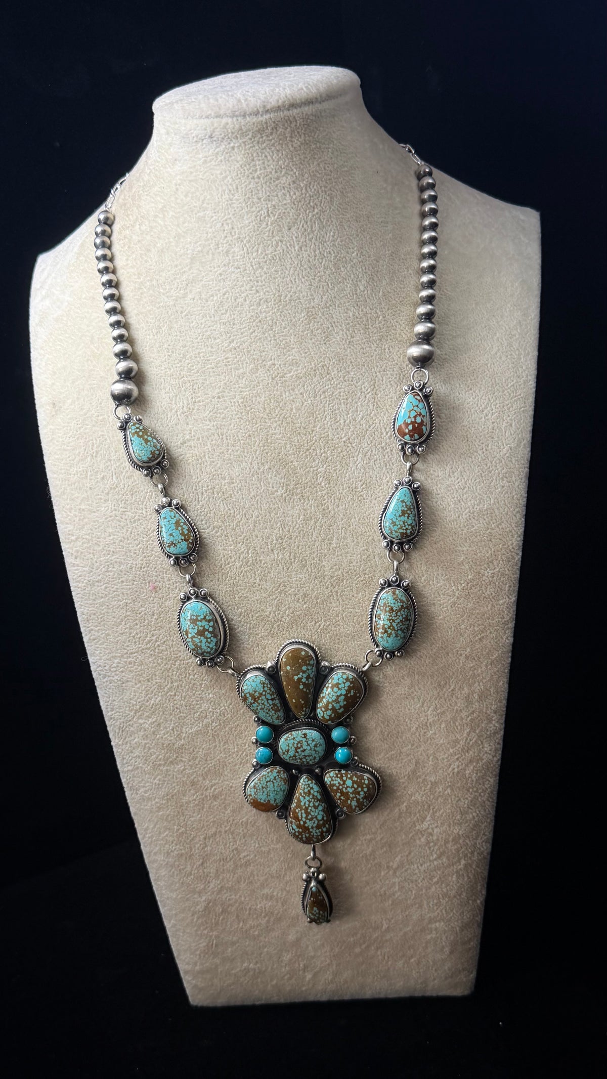Navajo Made Mixed Turquoise & Sterling Silver Machine Made Pearl Cluster Necklace