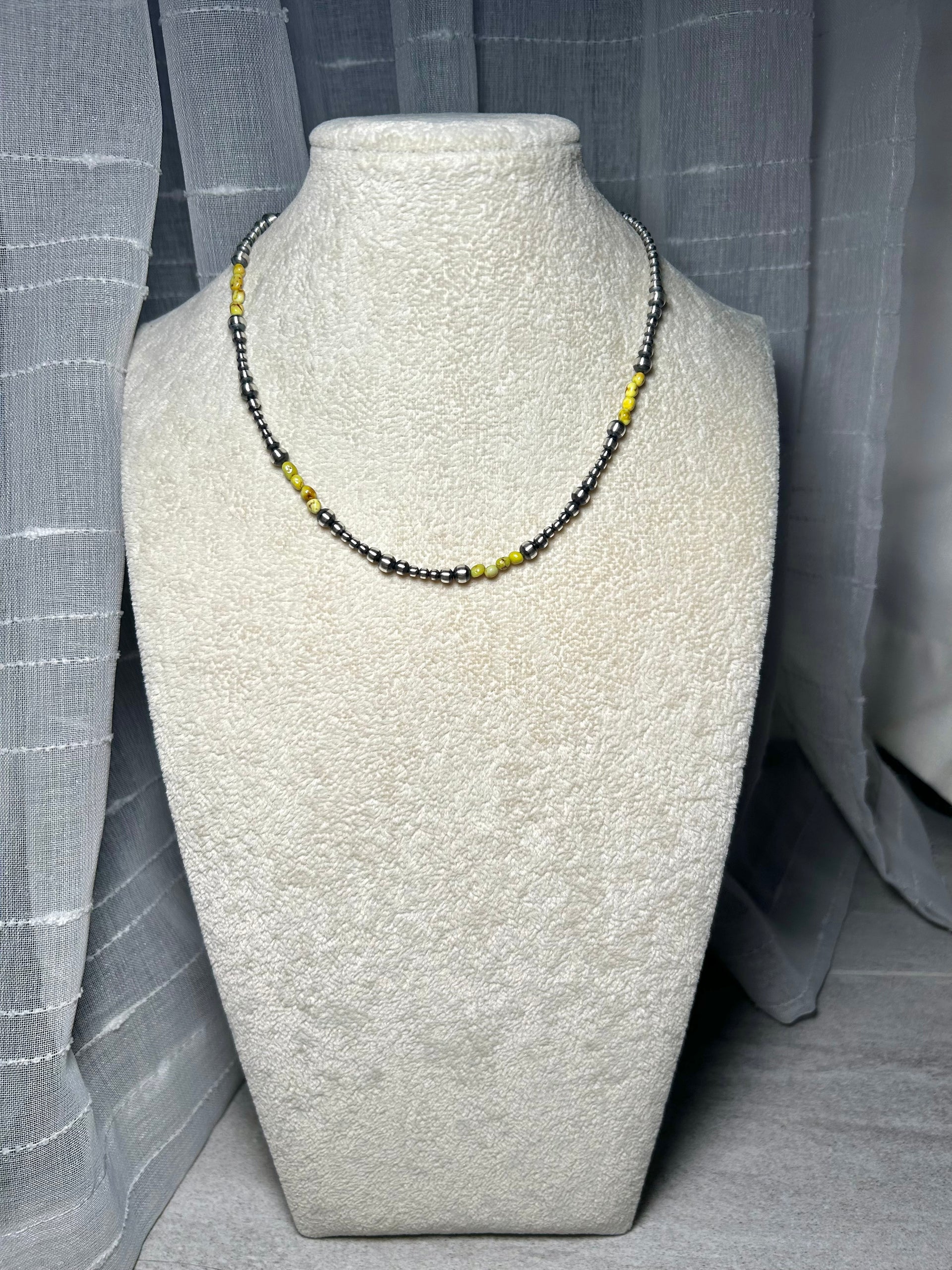 Navajo Strung Palomino Variscite & Sterling Silver Necklace