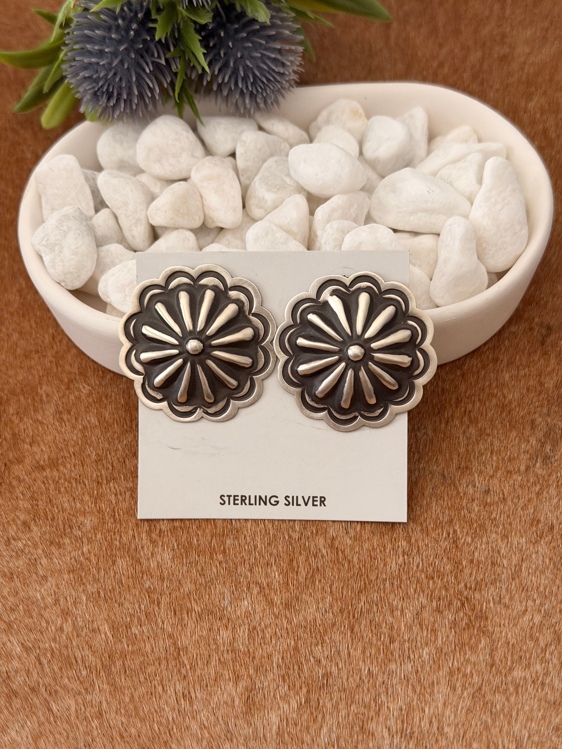 Navajo Made Sterling Silver Post Concho Earrings