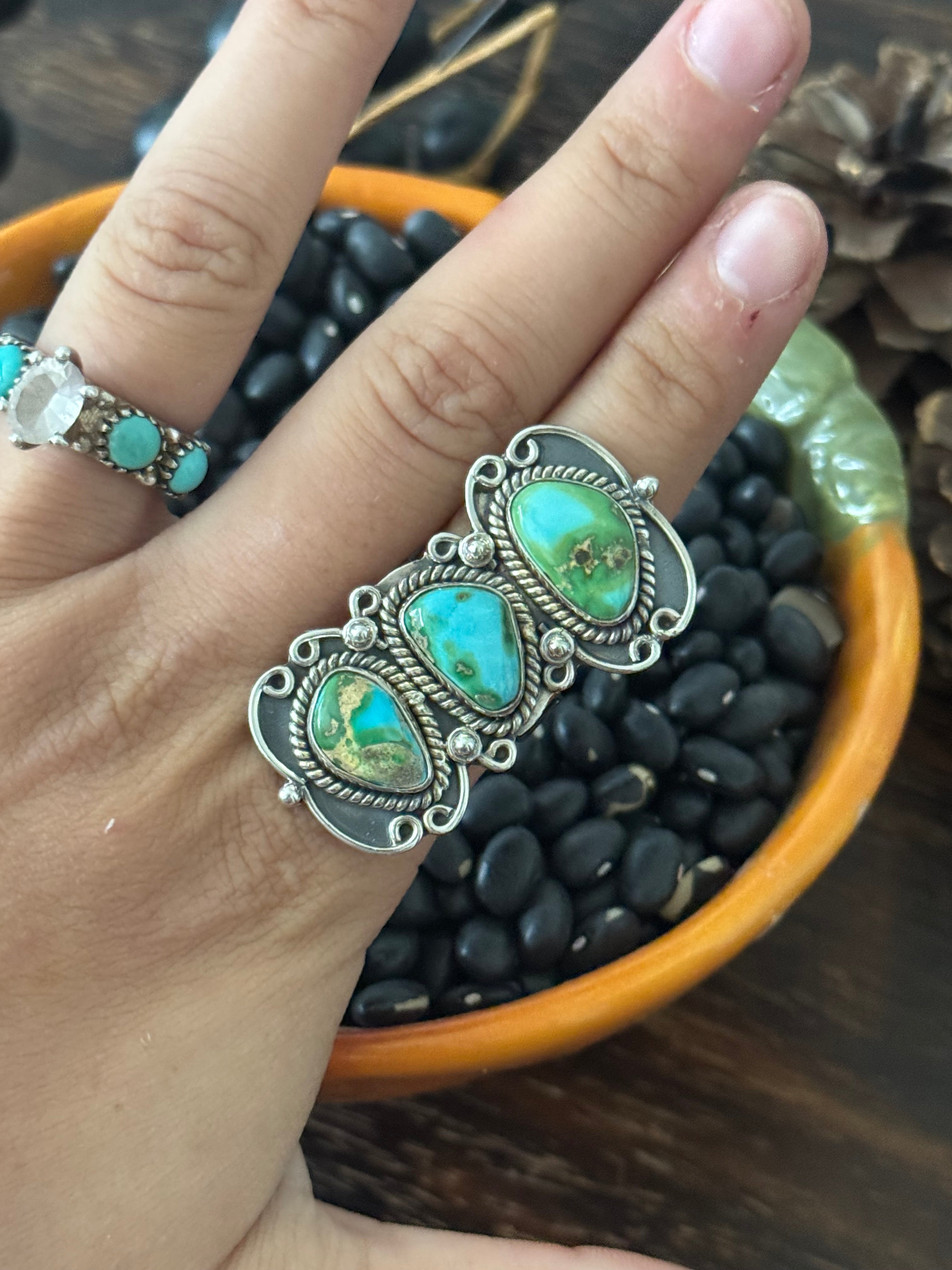 Southwest Handmade Sonoran Mountain Turquoise & Sterling Silver Adjustable 3 Stone Ring