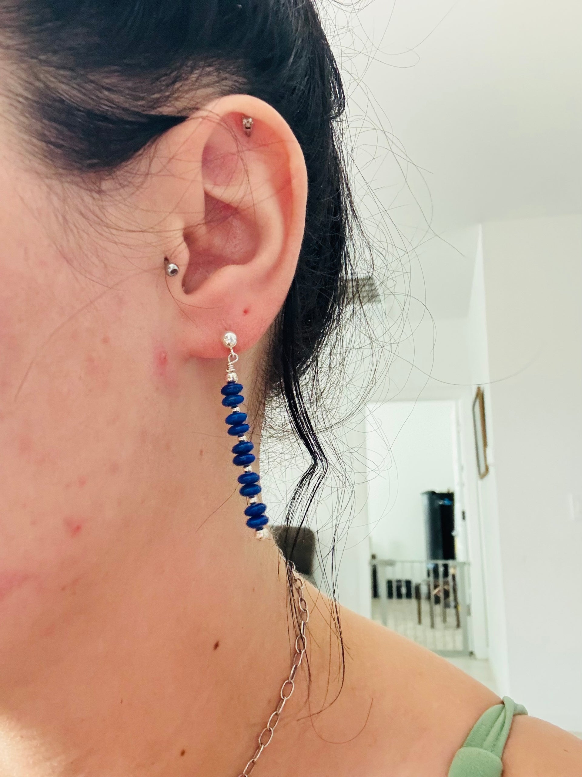 Navajo Strung Lapis & Sterling Silver Pearls Dangle Earrings