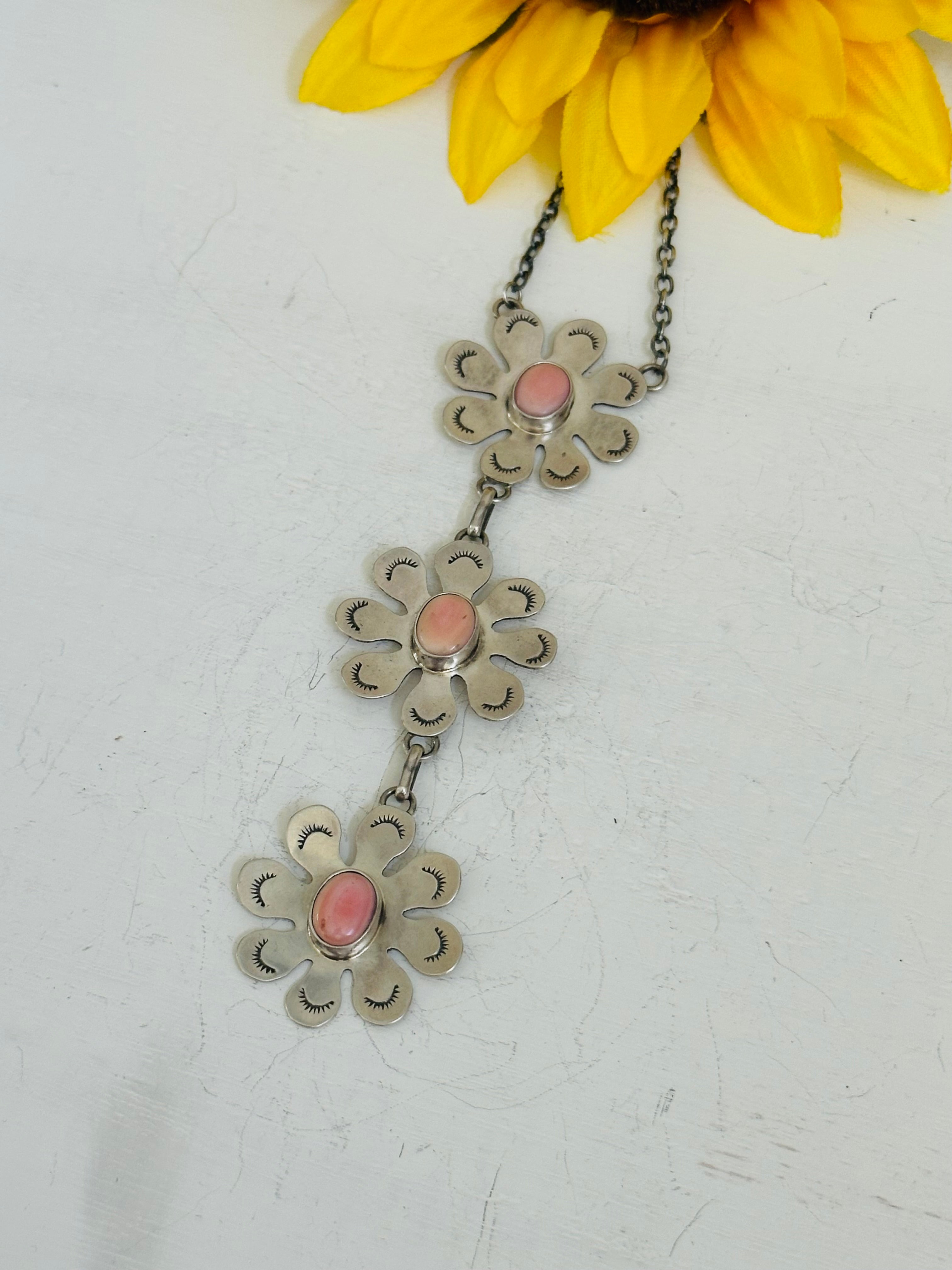 Navajo Made Pink Conch and Sterling Silver Flower Lariat Necklace
