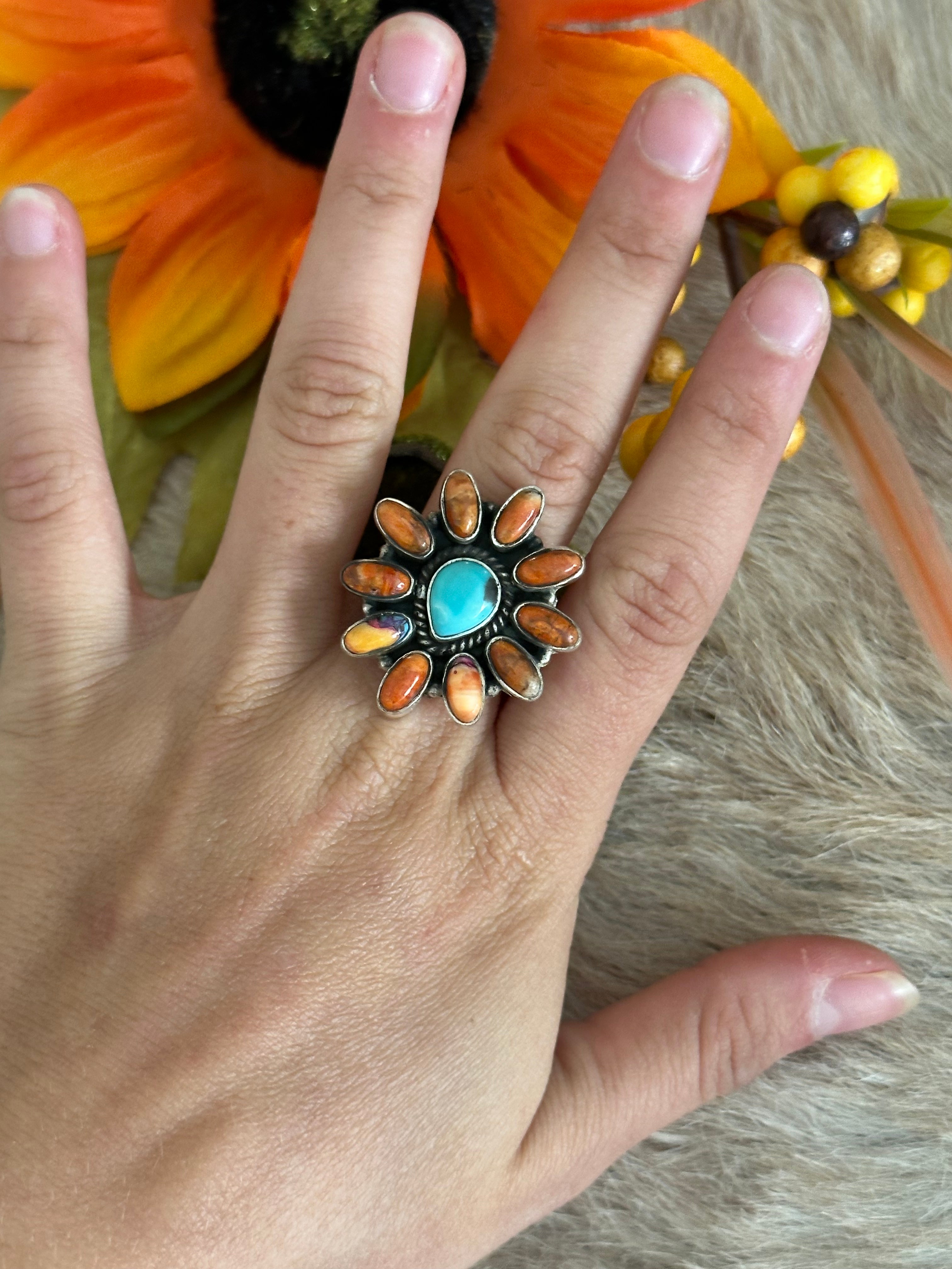 Southwest Handmade Multi Stone & Sterling Silver Adjustable Ring