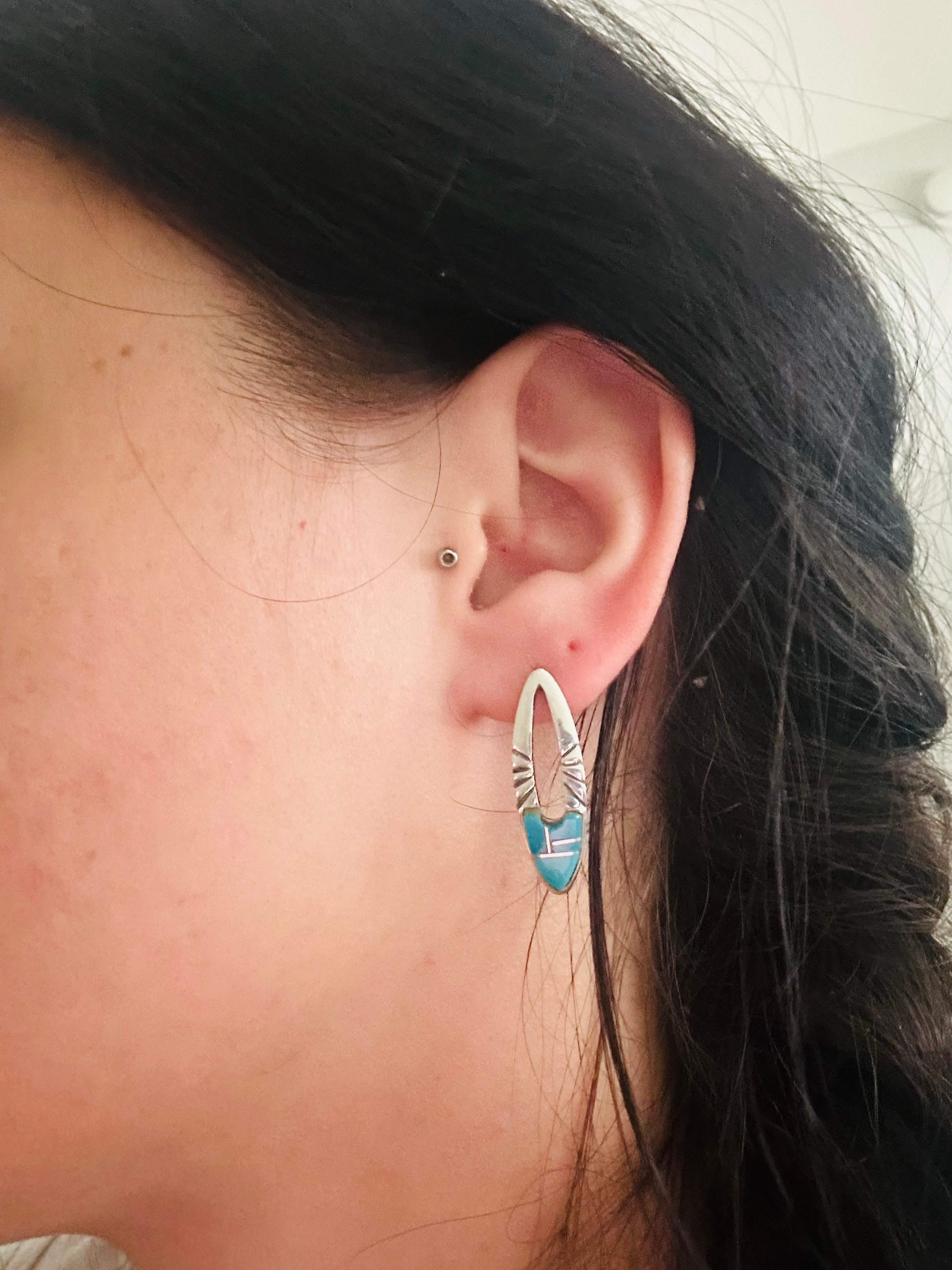 Navajo Made Kingman Turquoise & Sterling Silver Post Dangle Earrings