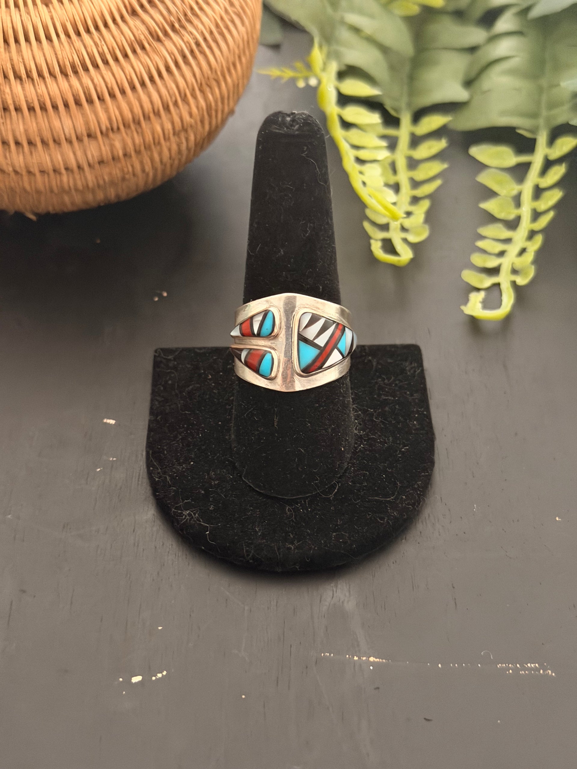 Navajo Made Multi Stone & Sterling Silver Inlay Ring Size 9.25