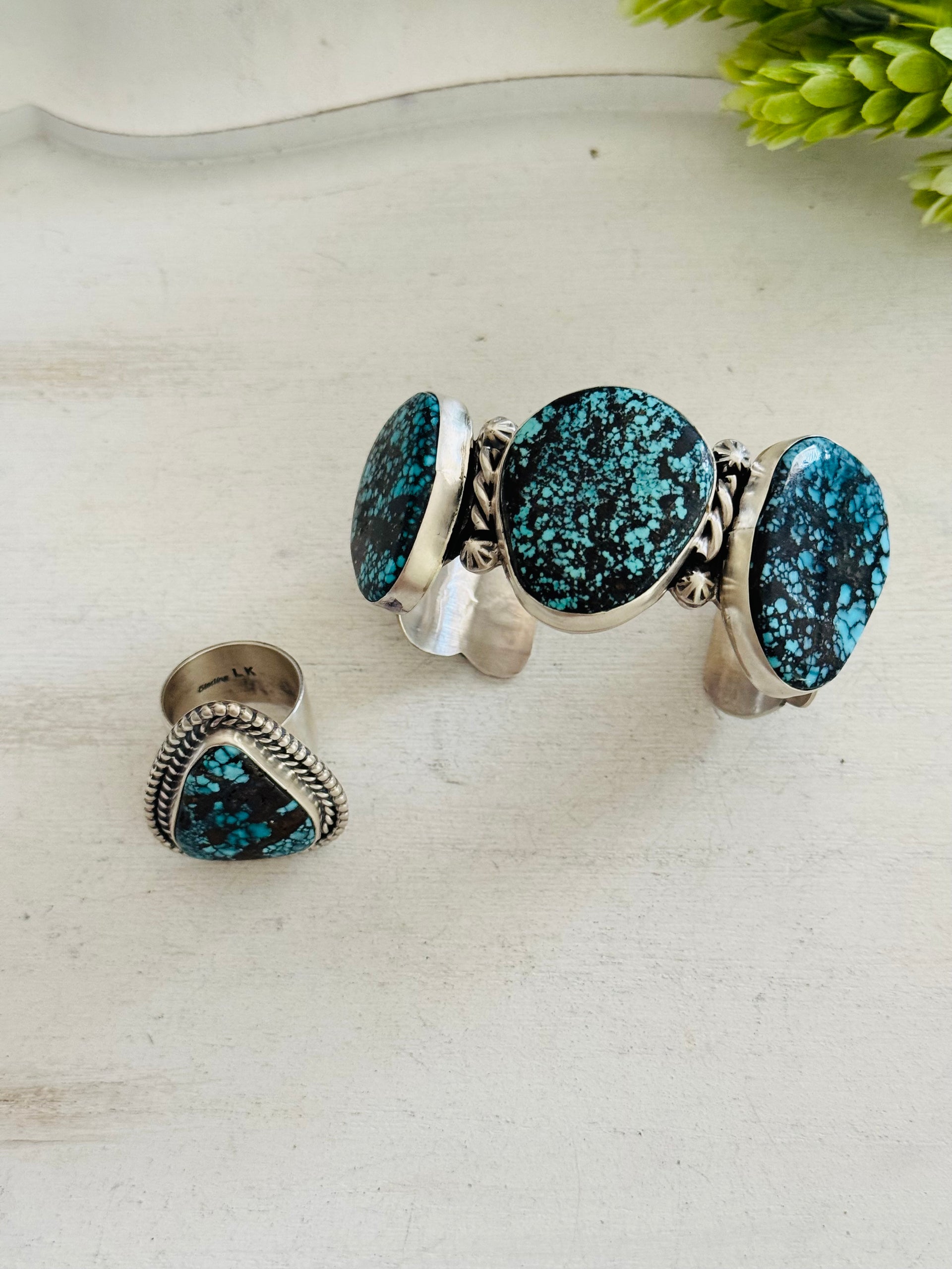 Larry Kaye Egyptian Turquoise & Sterling Silver Cuff Bracelet & Ring Set