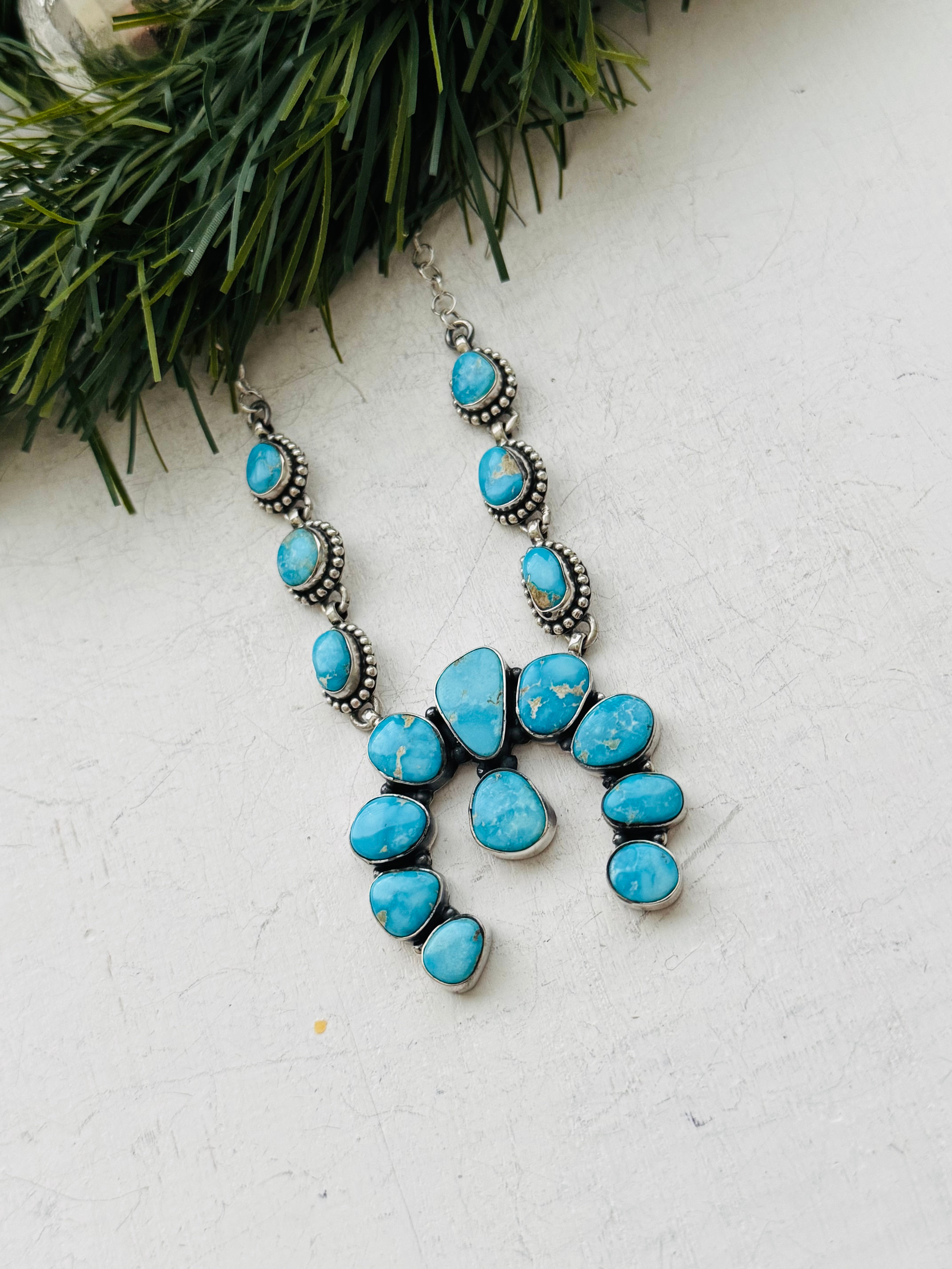 TTD Valley Blue Turquoise & Sterling Silver Squash Naja Necklace