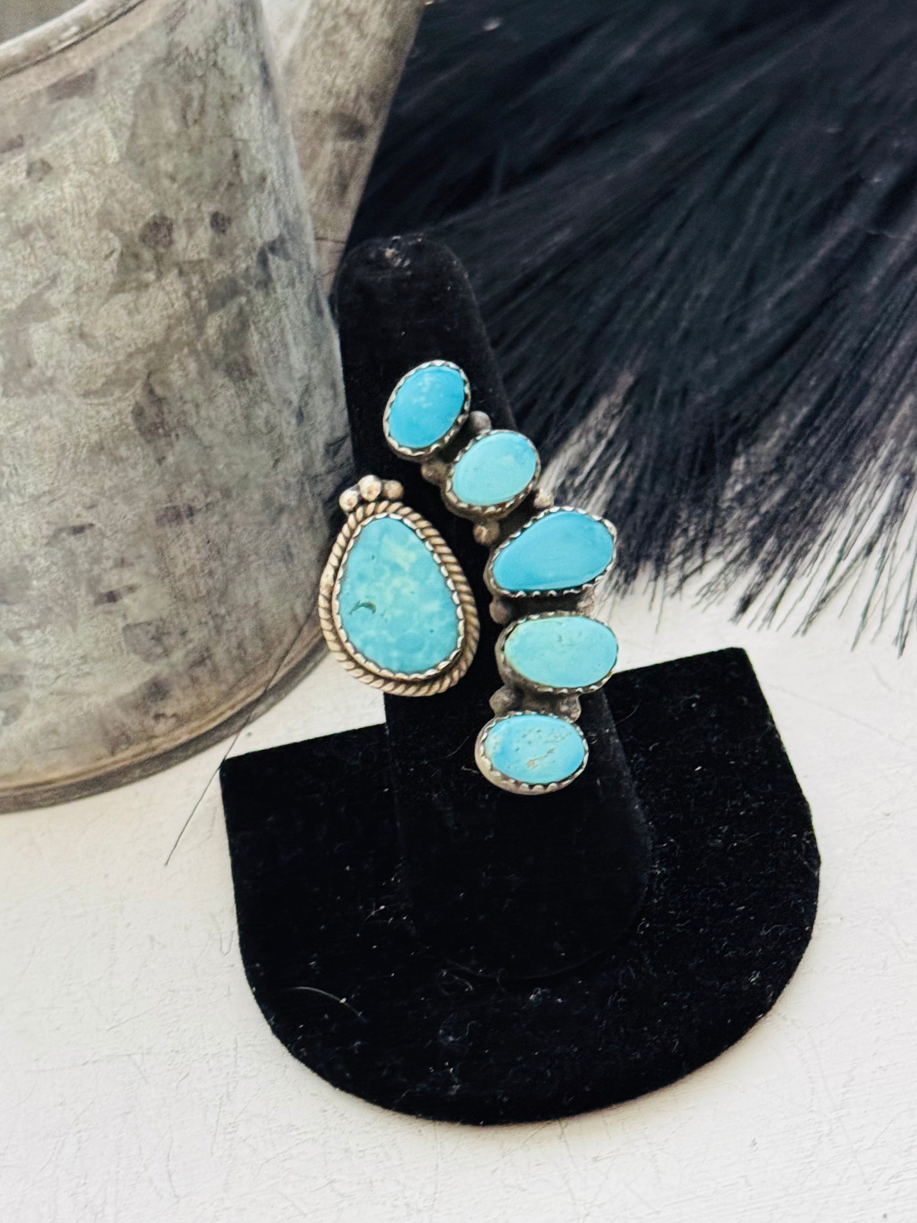 Southwest Handmade Valley Blue Turquoise & Sterling Silver Adjustable Cluster Ring