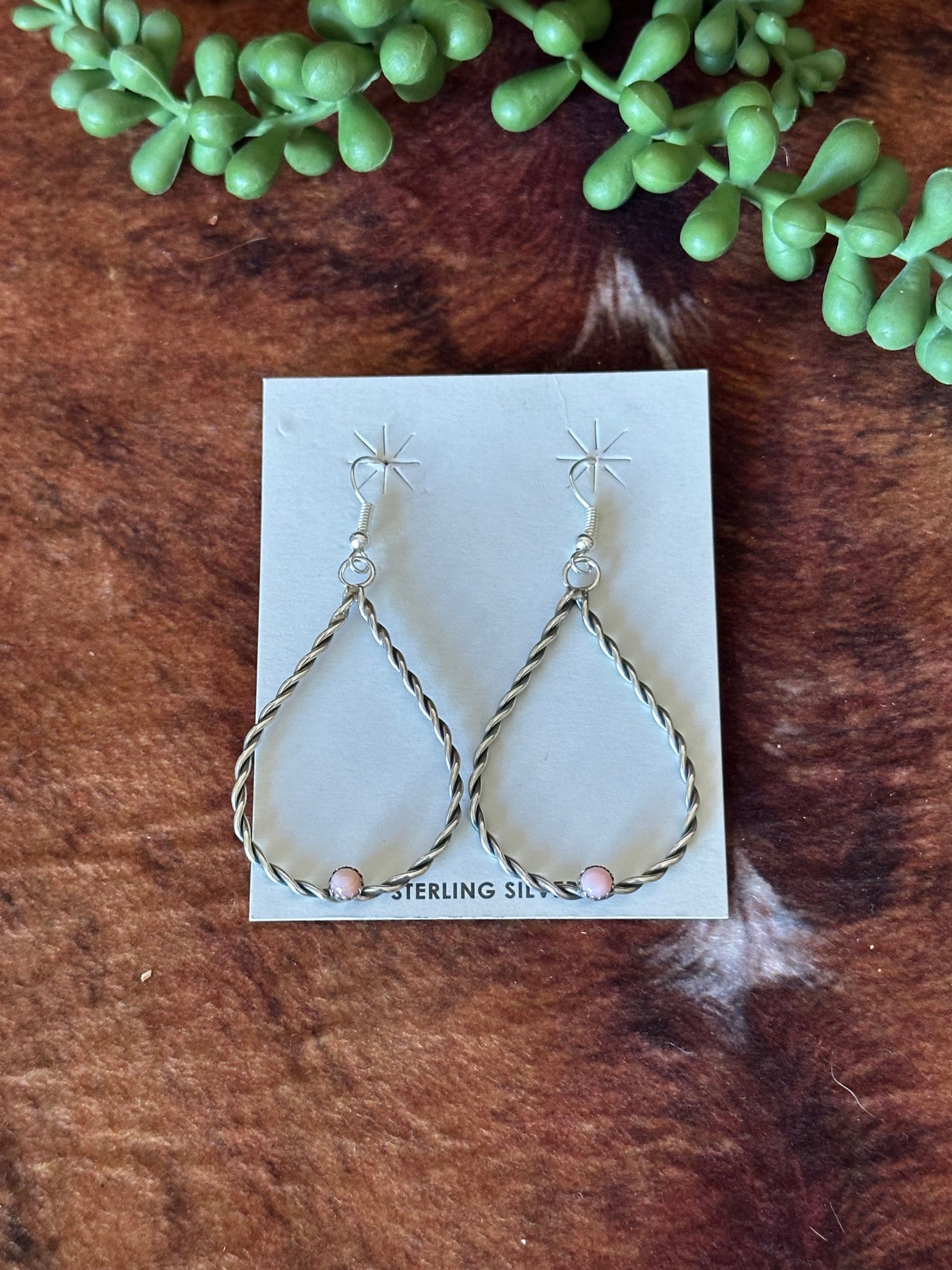 Navajo Handmade Pink Conch & Sterling Silver Dangle Earrings