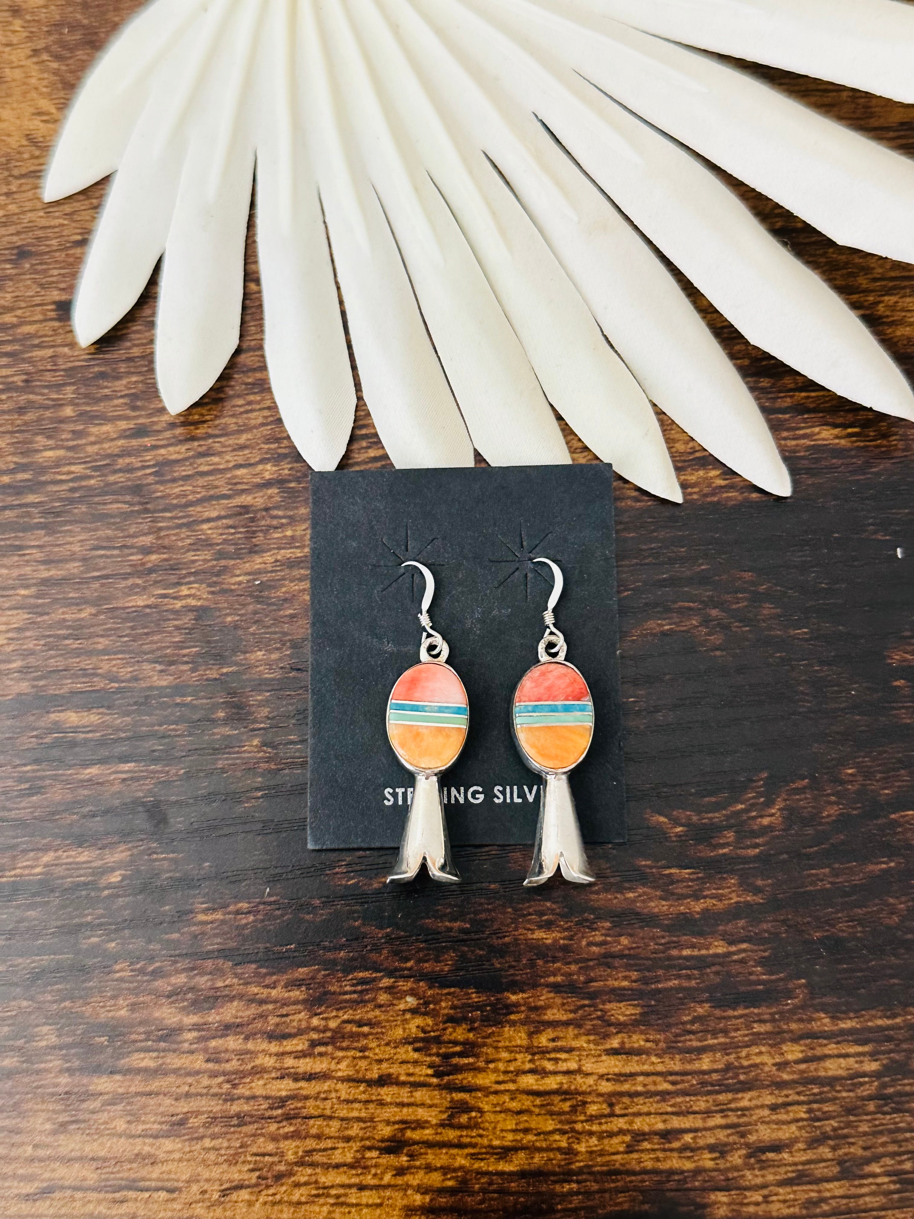 Navajo Made Multi Stone & Sterling Silver Inlay Blossom Dangle Earrings