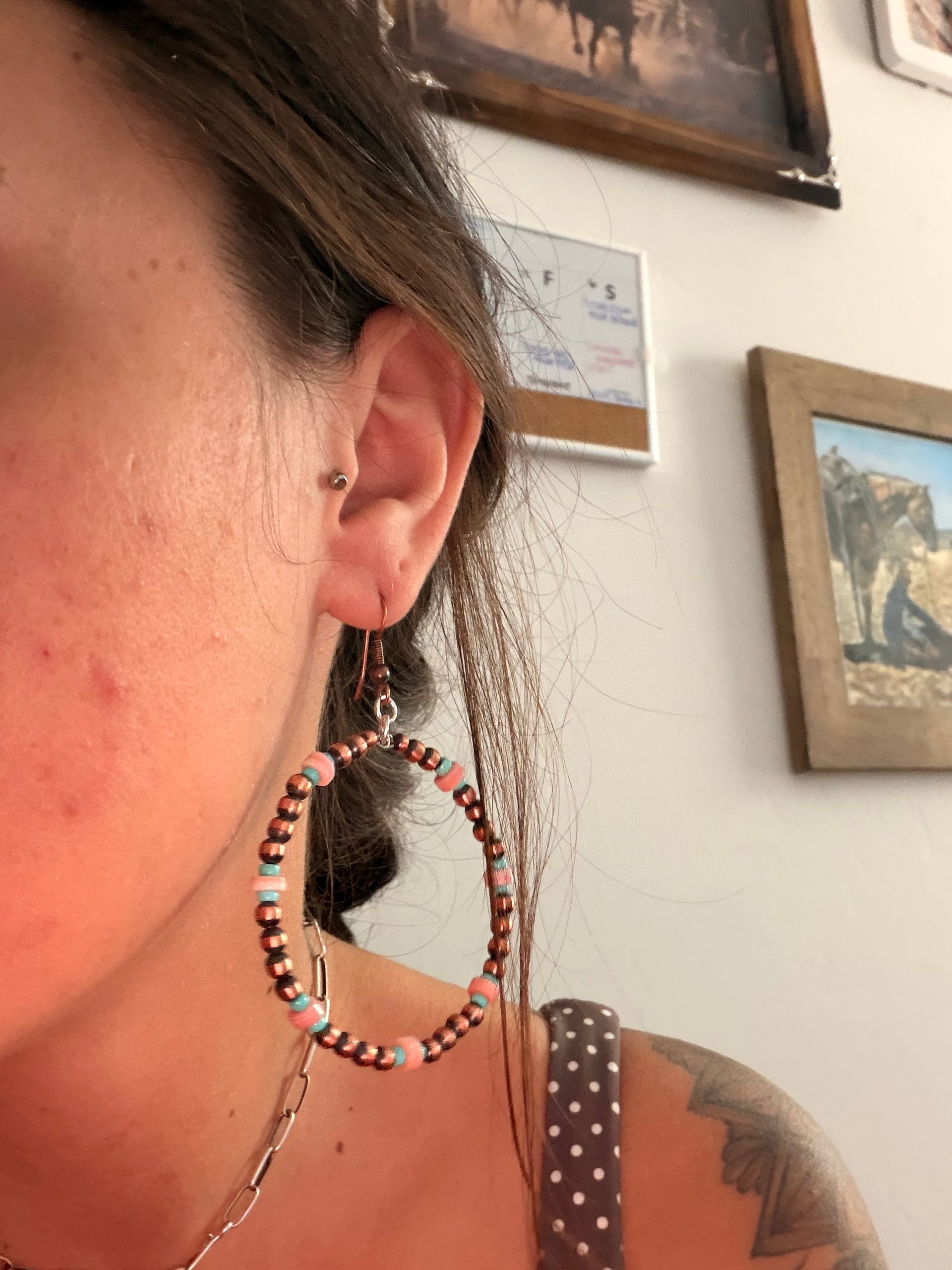 Navajo Strung Multi Stone & Machine Made Copper Pearl Dangle Earrings